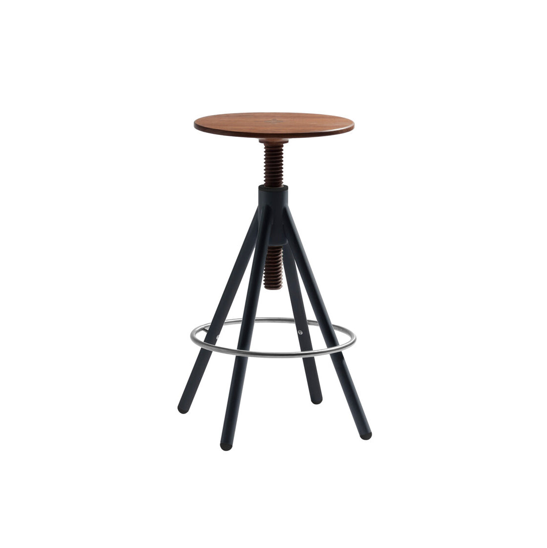 The Thread Family High Stool by Coordination Berlin features a walnut wood seat, black metal legs, a circular footrest, and an adjustable screw mechanism, blending industrial and contemporary designs.
