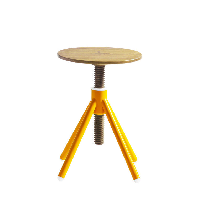 The Thread Family - Stool by Coordination Berlin features a height-adjustable round seat in walnut or oak, a yellow frame with three angled legs, and a visible screw mechanism.