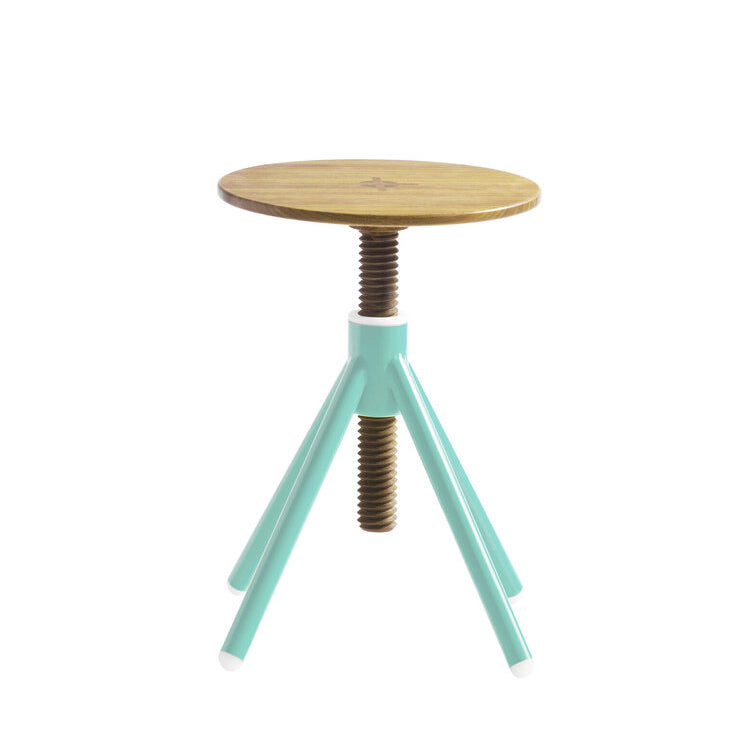The Thread Family - Stool by Coordination Berlin is a compact, height-adjustable piece with a round walnut seat and turquoise metal legs, featuring a screw mechanism and three outward-angled legs for stability.