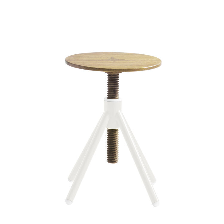 The Thread Family - Stool by Coordination Berlin is a walnut-crafted wooden stool with a round seat and screw mechanism for height adjustment, featuring a white three-legged base, central screw column, and customizable colors for a personalized touch.