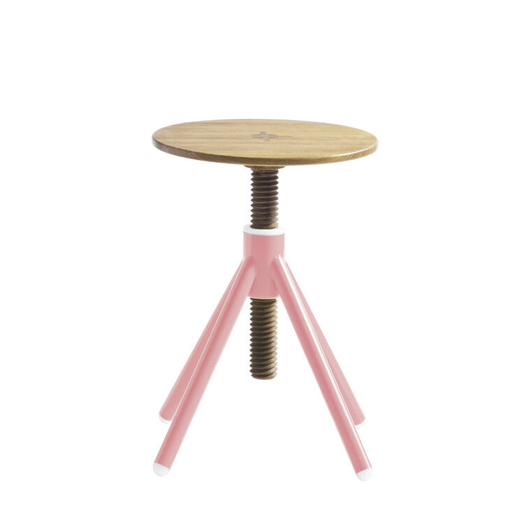 The Thread Family - Stool by Coordination Berlin is a standout piece featuring a round wooden seat made from walnut or oak and stands on three sleek pink metal legs. Its central screw mechanism effortlessly adjusts height, offering customizable colors in its pink adjustable design.