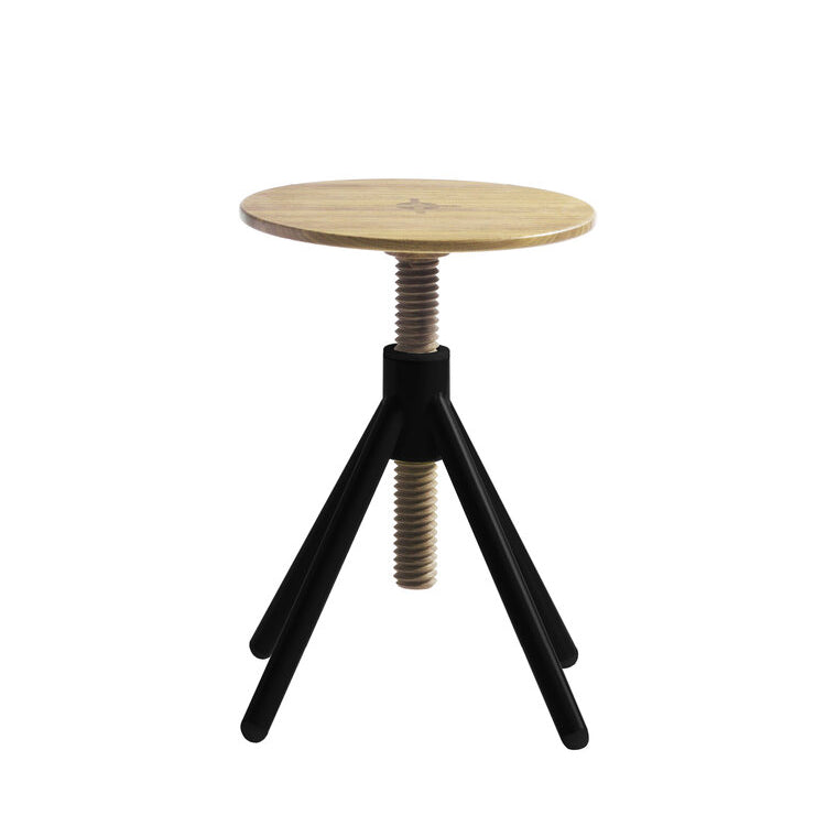 The Coordination Berlin Thread Family Stool features a round seat and screw mechanism for height adjustment, supported by black tripod-style legs. Crafted from walnut or oak wood, the central screw beneath the seat allows easy height modification.