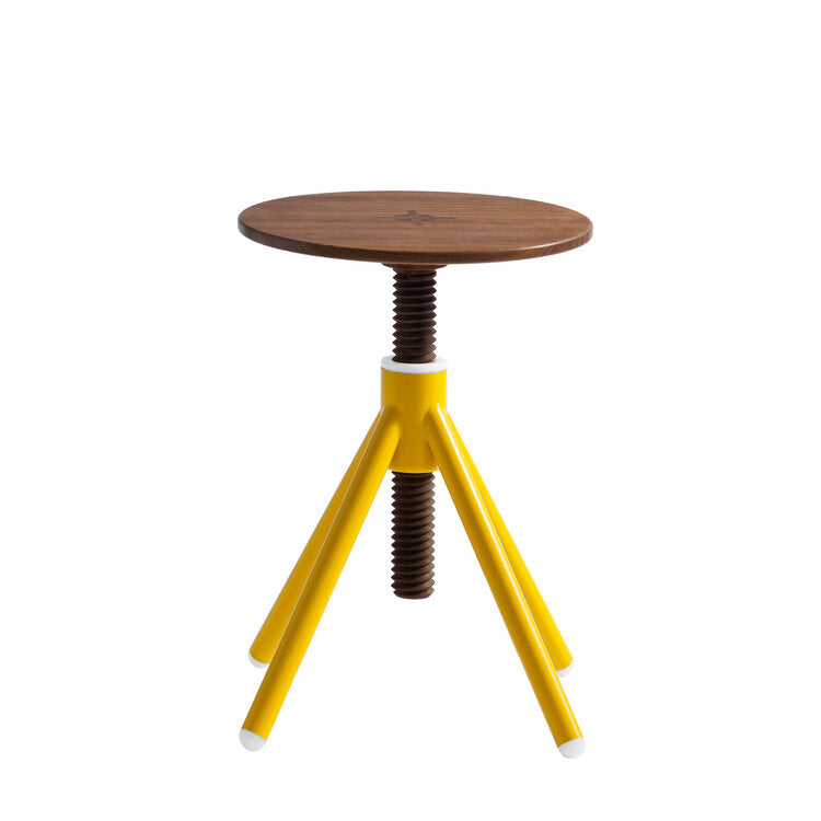 The Thread Family - Stool by Coordination Berlin features a brown walnut wooden round seat and a yellow adjustable screw base with three tripod-like legs for height customization.