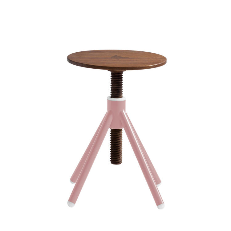 The Thread Family - Stool by Coordination Berlin has a walnut wood seat with screw adjustment, set on a pink, three-legged metal base. Its modern design and customizable colors provide a sleek look ideal for fans of height-adjustable furniture.