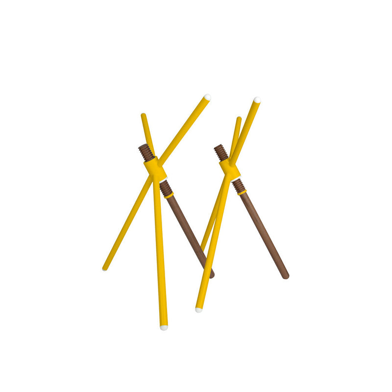 Thread X by Coordination Berlin comprises three abstract yellow sculptures with intersecting cylindrical rods, reminiscent of contemporary design. The metal connectors resemble those in height-adjustable furniture, with one brown rod adding dynamism against a white background.
