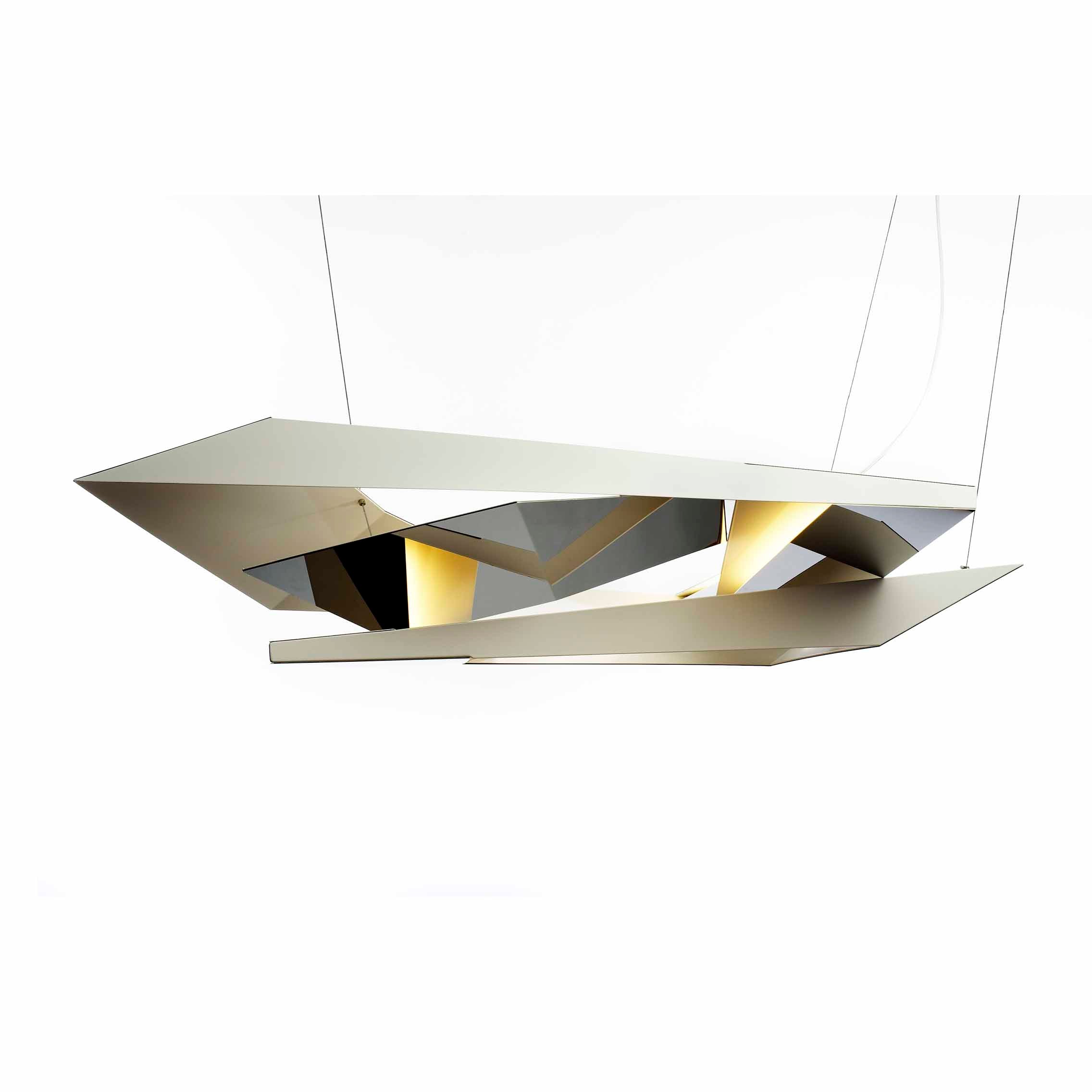 Polygon Crash by Coordination Berlin is a modern handcrafted pendant light with angular shapes and warm glowing sections. Suspended by thin wires, it features polished stainless steel overlapping panels for an abstract, futuristic design against a white background.