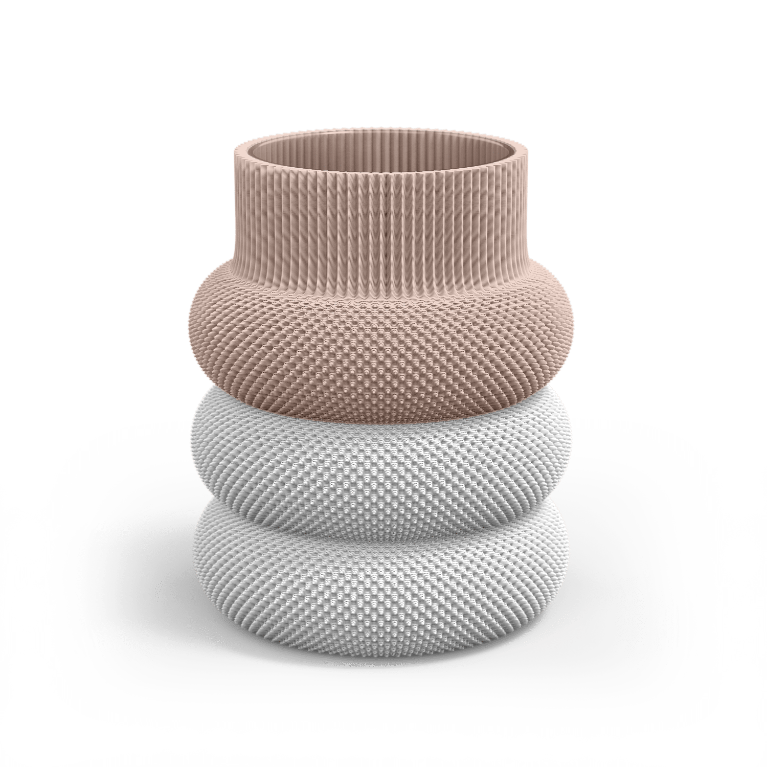 The Dorn 110g Vase by Sheyn is a modern, eco-friendly creation made through 3D printing. It features a wide cylindrical top in soft pink, a textured gray middle section, and a glossy white base, resembling stacked, textured rings.