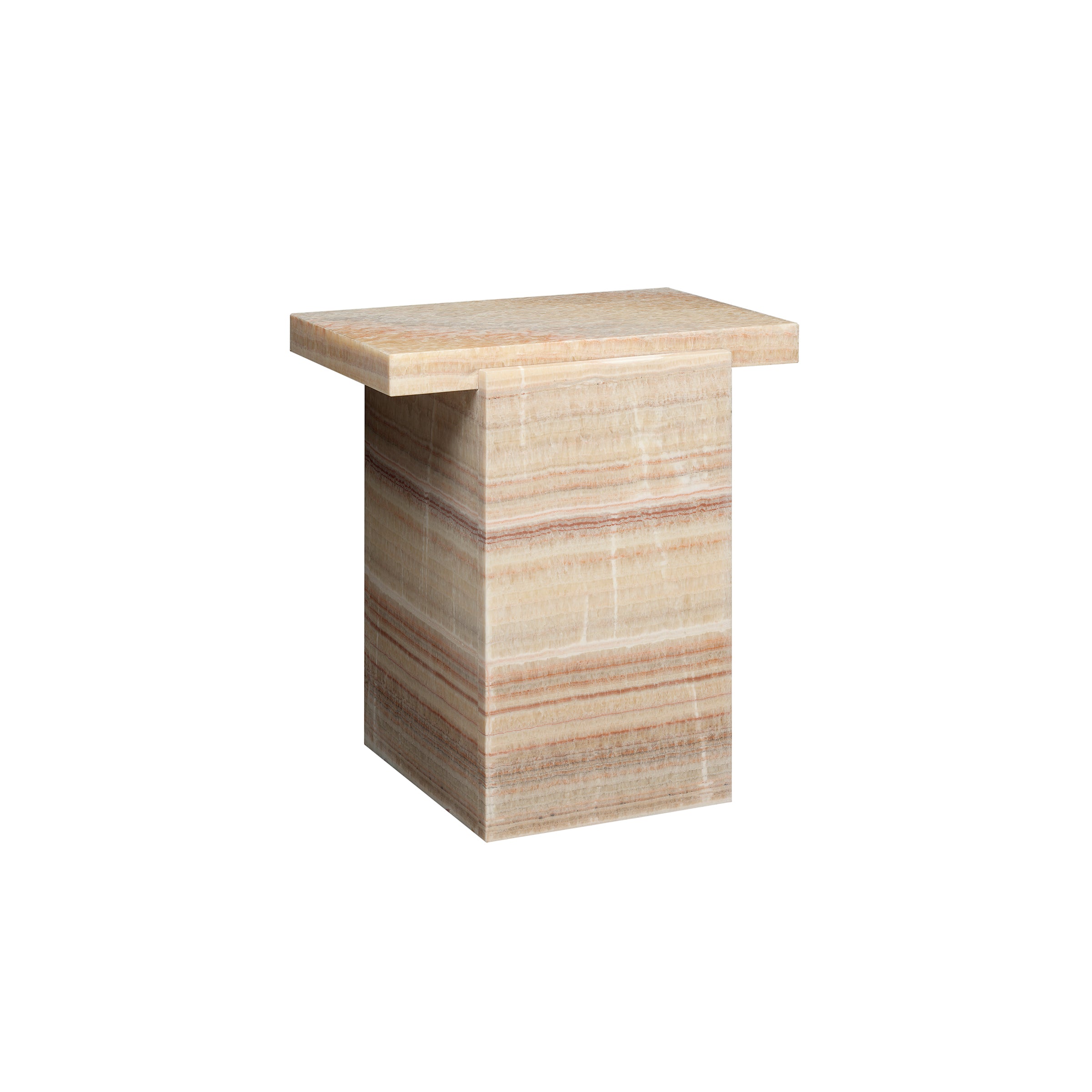 The DT02 TORE ONYX by E15 is a rectangular, beige marble side table with brown and gray streaks, exuding an Art Deco style. Its design, reminiscent of David Thulstrups work, features a solid rectangular base supporting a slightly overhanging tabletop.