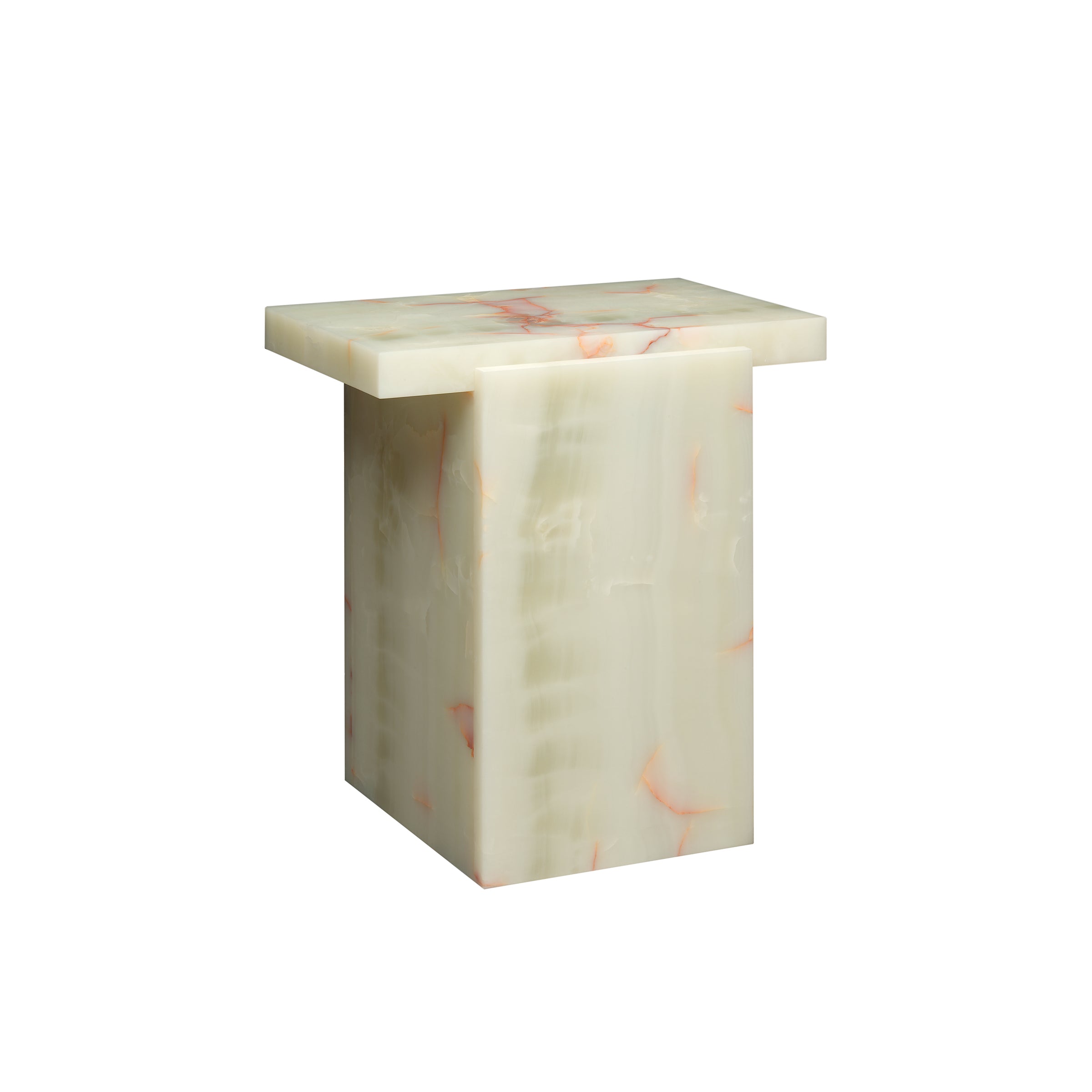 The DT02 TORE ONYX by E15 is a compact rectangular side table made from light green onyx with pinkish veins, merging modern elegance and Art Deco style. Its flat top and solid base reflect the sophisticated design synonymous with David Thulstrups innovative aesthetics.