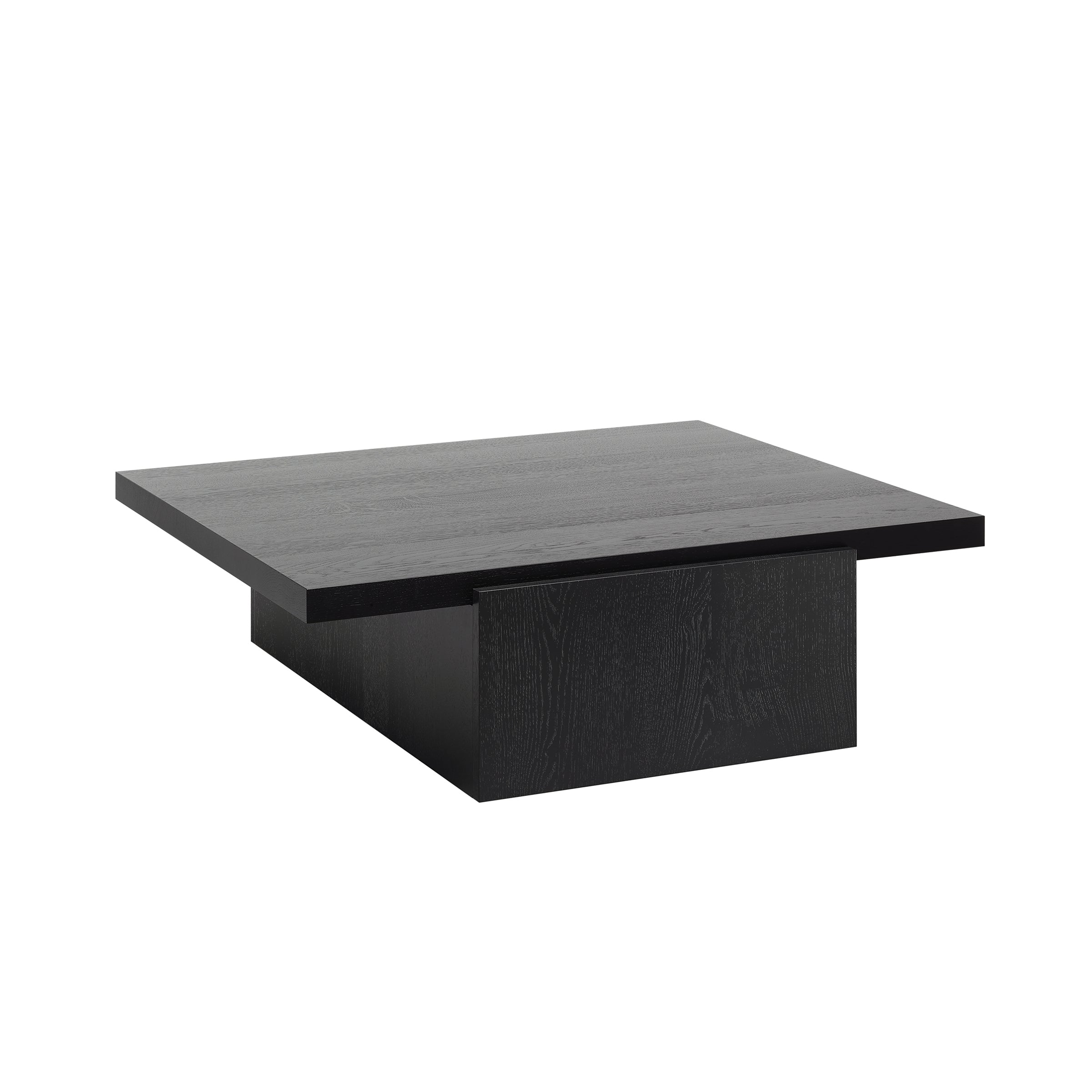The DT02 TORE by E15 is a modern black wooden coffee table with a square top and sturdy rectangular base, featuring clean lines and a smooth finish. Its minimalist design complements both marble and solid wood elements in any room.