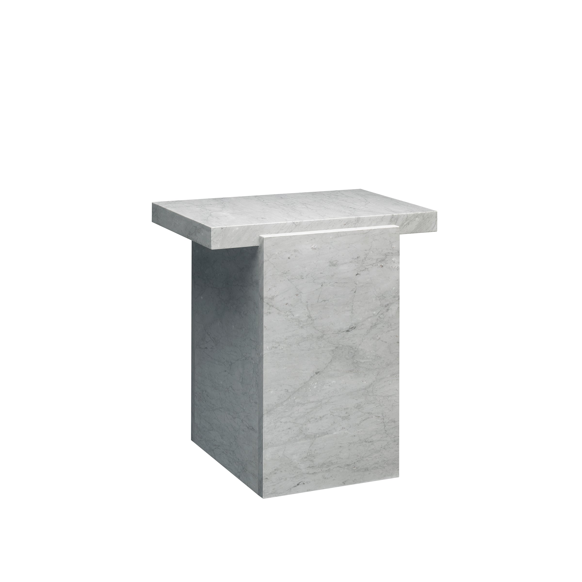 The DT02 TORE side tables by E15 boast a square, light gray marble top with minimalistic lines, featuring a slightly wider tabletop than the pedestal base for a sculptural and elegant look, ideal for modern interiors.