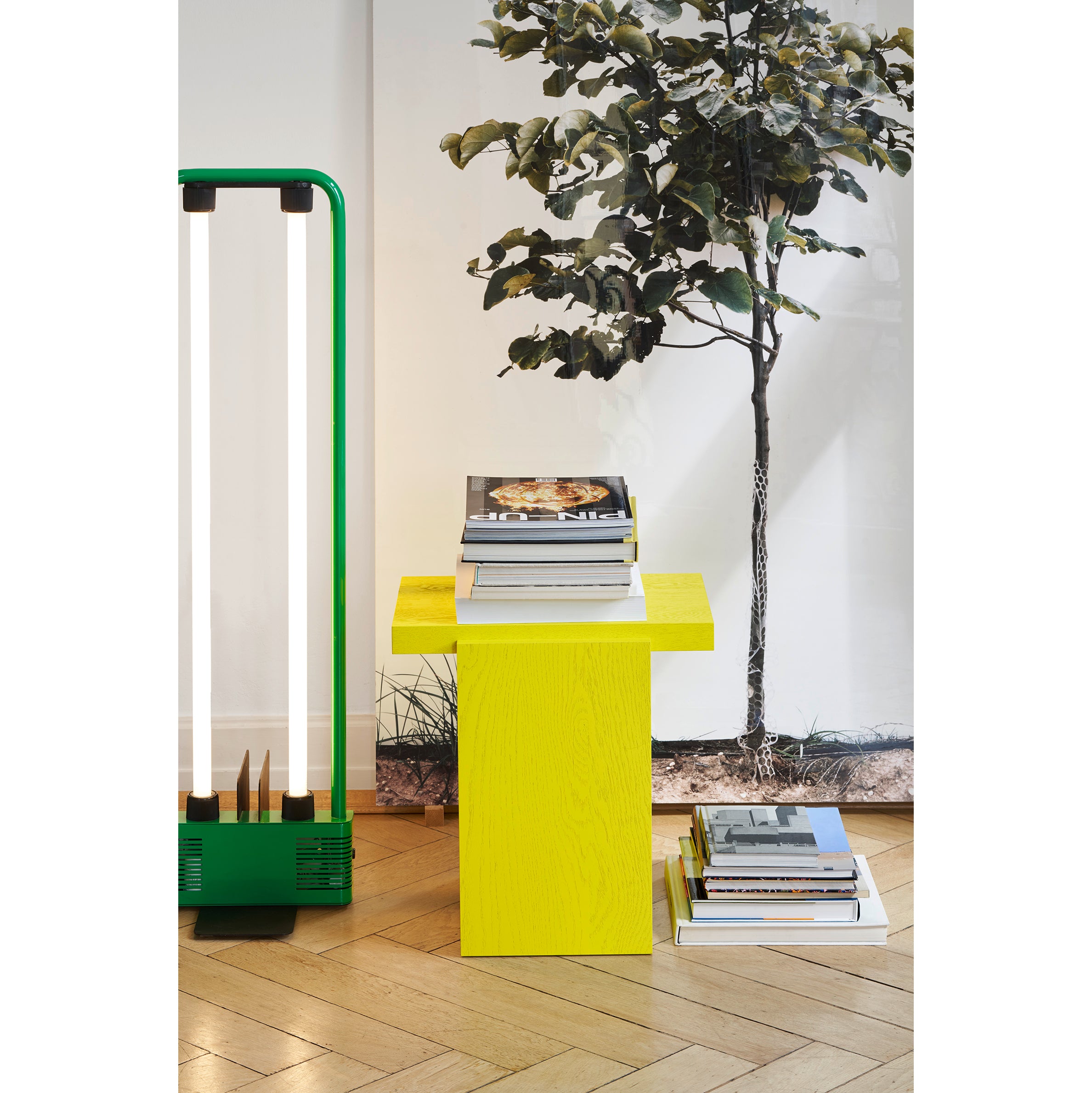 A DT02 TORE side table by E15, bright yellow and topped with books, sits on a wooden floor. A large plant photo is in the background, complemented by a green floor lamp on the left, adding a pop of color to the modern setup.