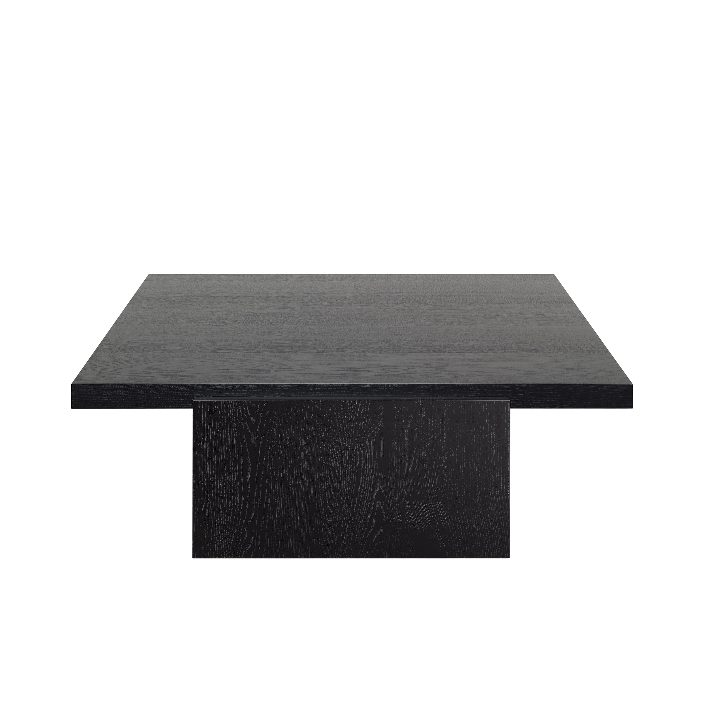 The DT02 TORE by E15 is a minimalist, square black wooden coffee table featuring a flat top and thick central pedestal base, echoing the elegance of sculptural side tables and isolated on a white background.