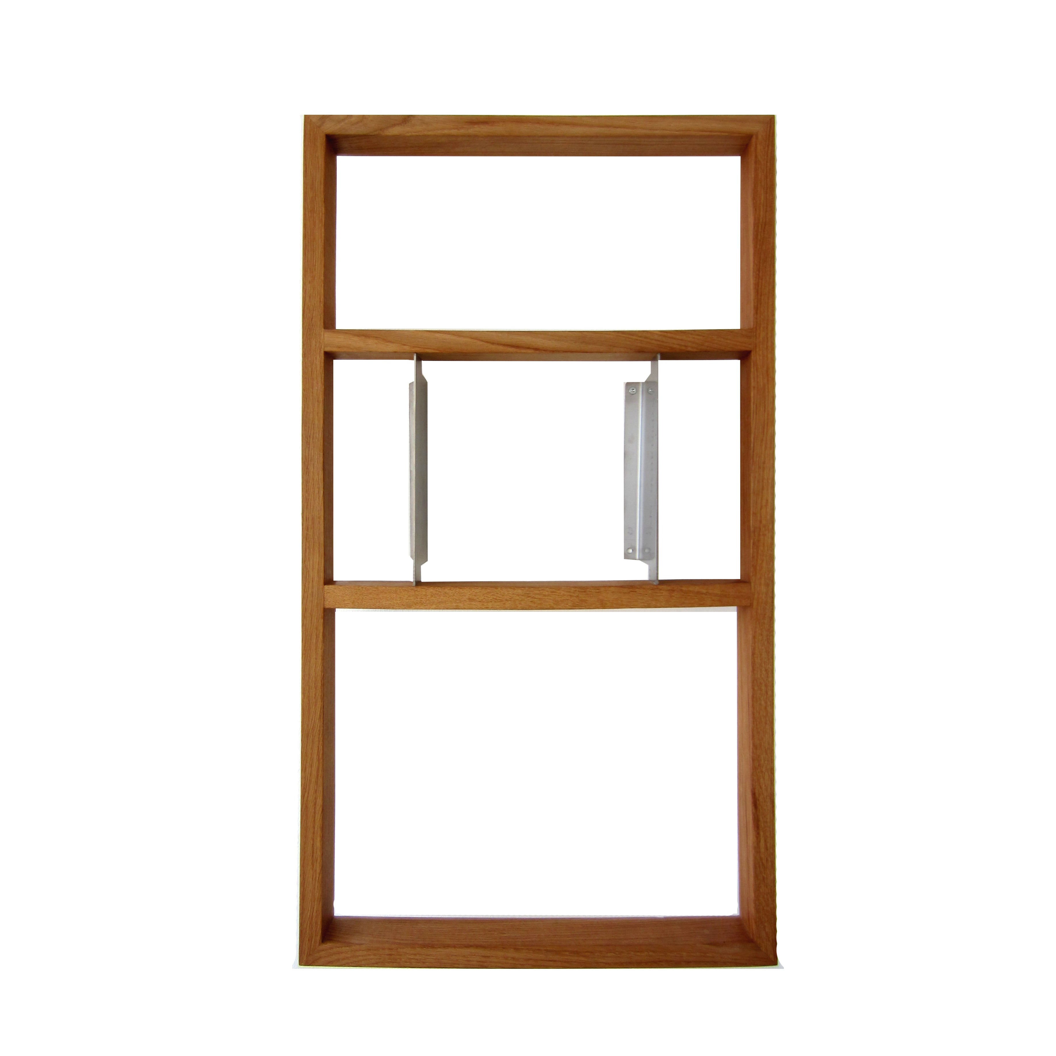 The Bertold by Das kleine b is a minimalist oak rectangular frame with two central stainless steel brackets, perfect as an oak and stainless-steel shelf for holding floating books against a plain white background.
