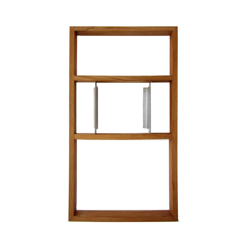 The Bertold by Das kleine b is a minimalist oak rectangular frame with two central stainless steel brackets, perfect as an oak and stainless-steel shelf for holding floating books against a plain white background.