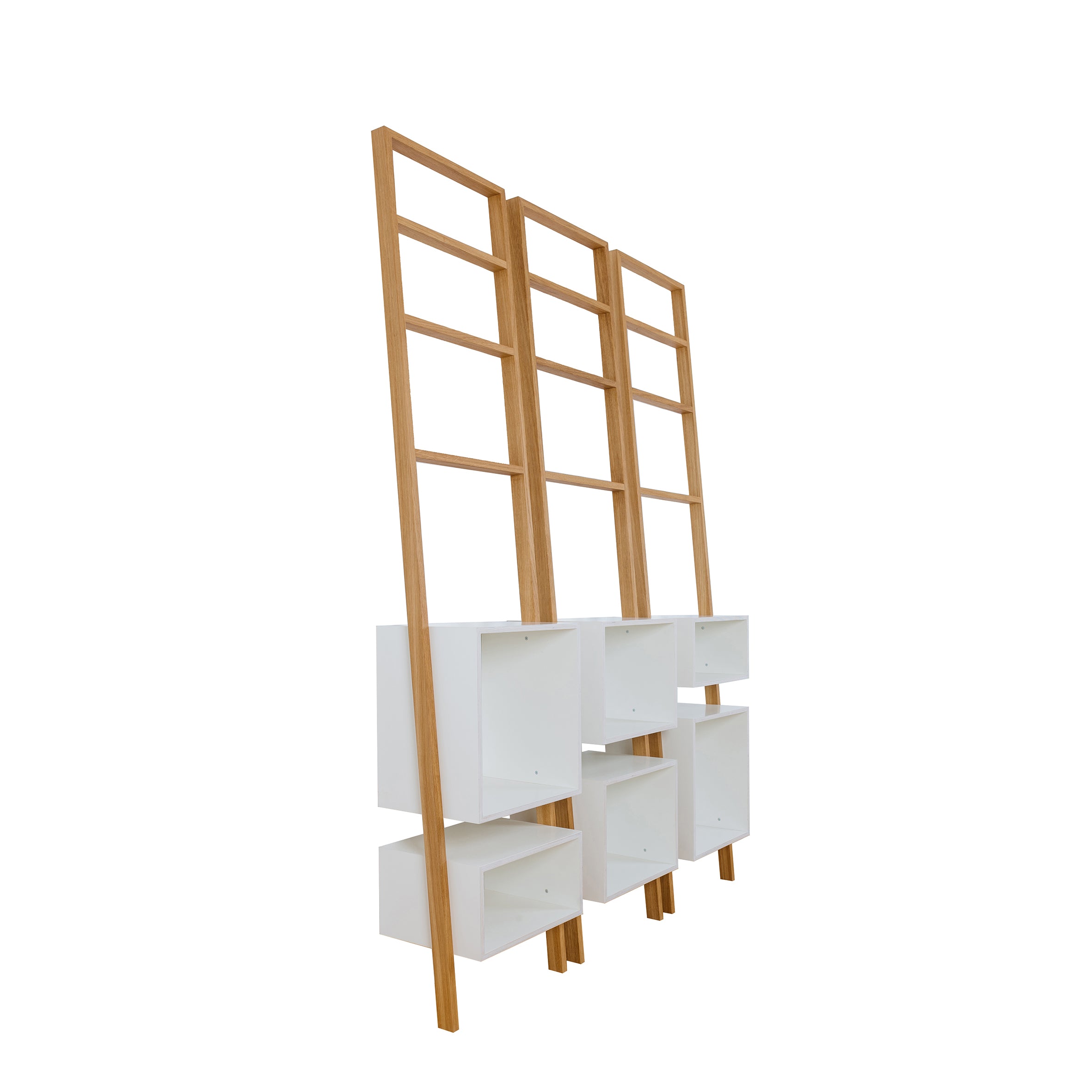 The Brecht by Das kleine b is a modern ladder rack with a minimalist design, featuring two ladder-like frames in light wood, supporting space-saving white cubby shelves arranged in a staggered pattern.
