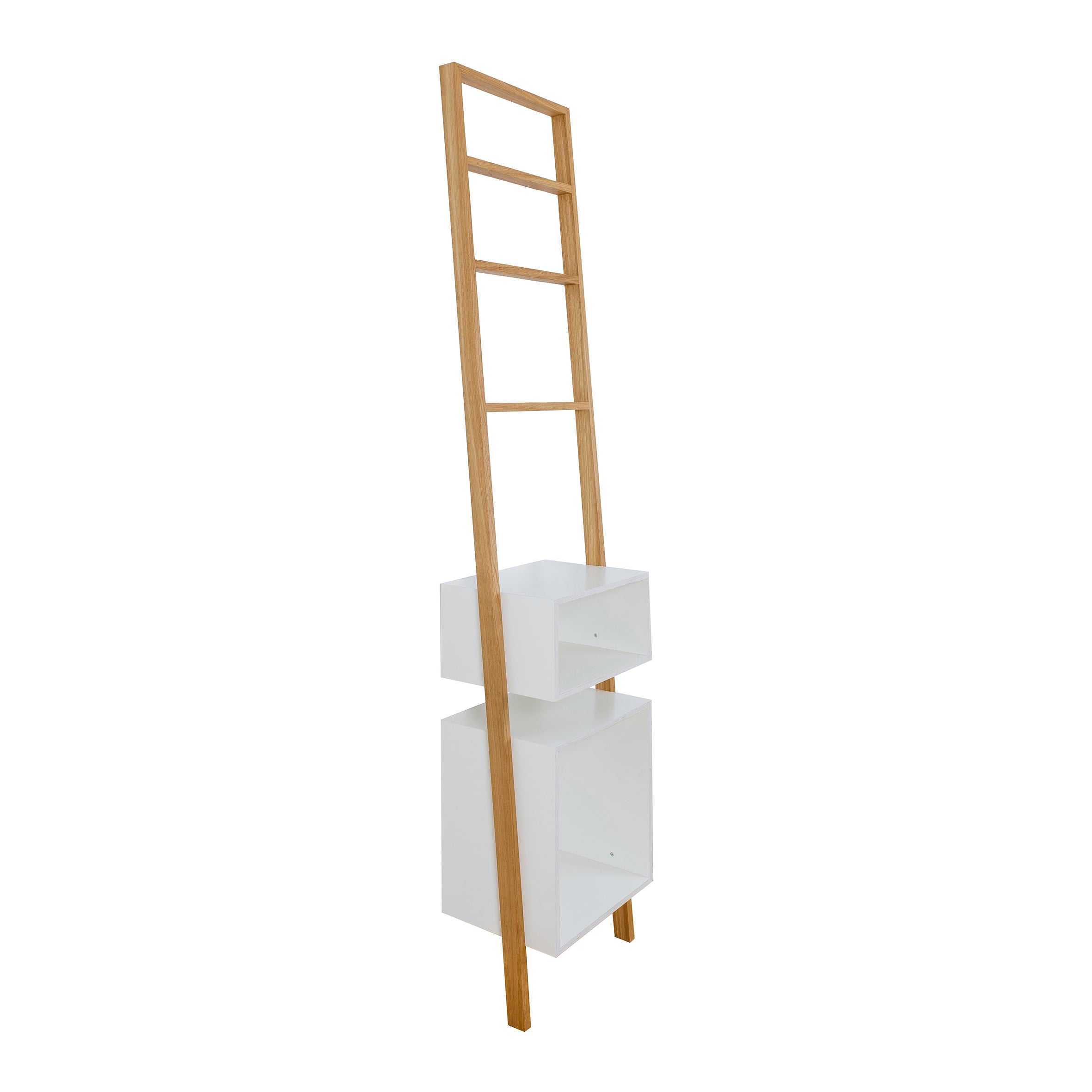 The Brecht by Das kleine b is a modern, space-saving ladder rack featuring a minimalist wooden frame with two white rectangular storage boxes at the base, set against a plain white background.