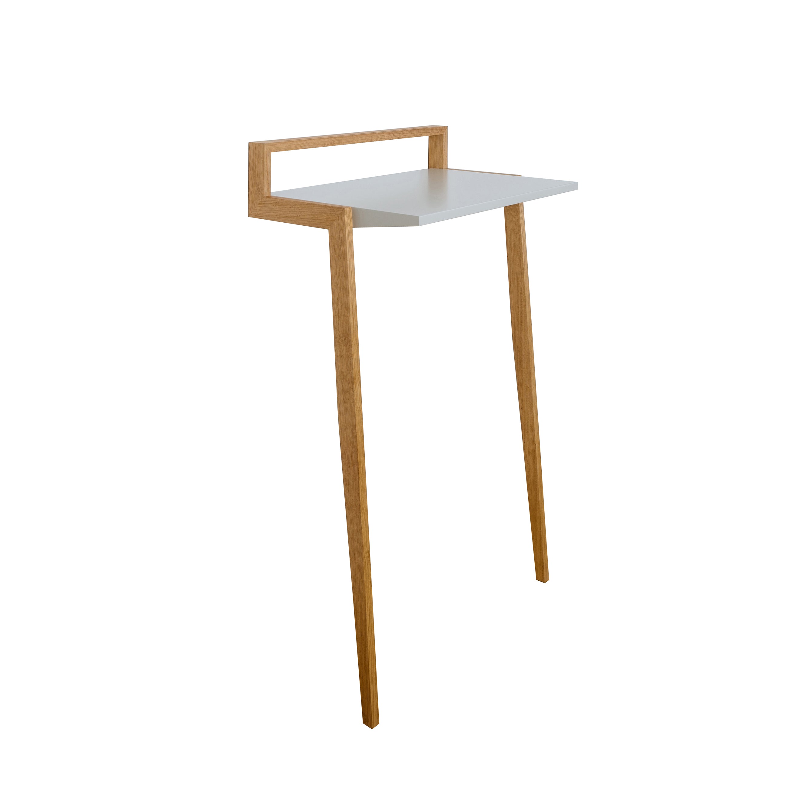 The Buckowski by Das kleine b is a minimalist console table featuring a white tabletop with two angled legs and a back support, creating the illusion of a floating surface. Its sleek design makes it perfect as a modern mobile workplace, offering a contemporary touch to any space.