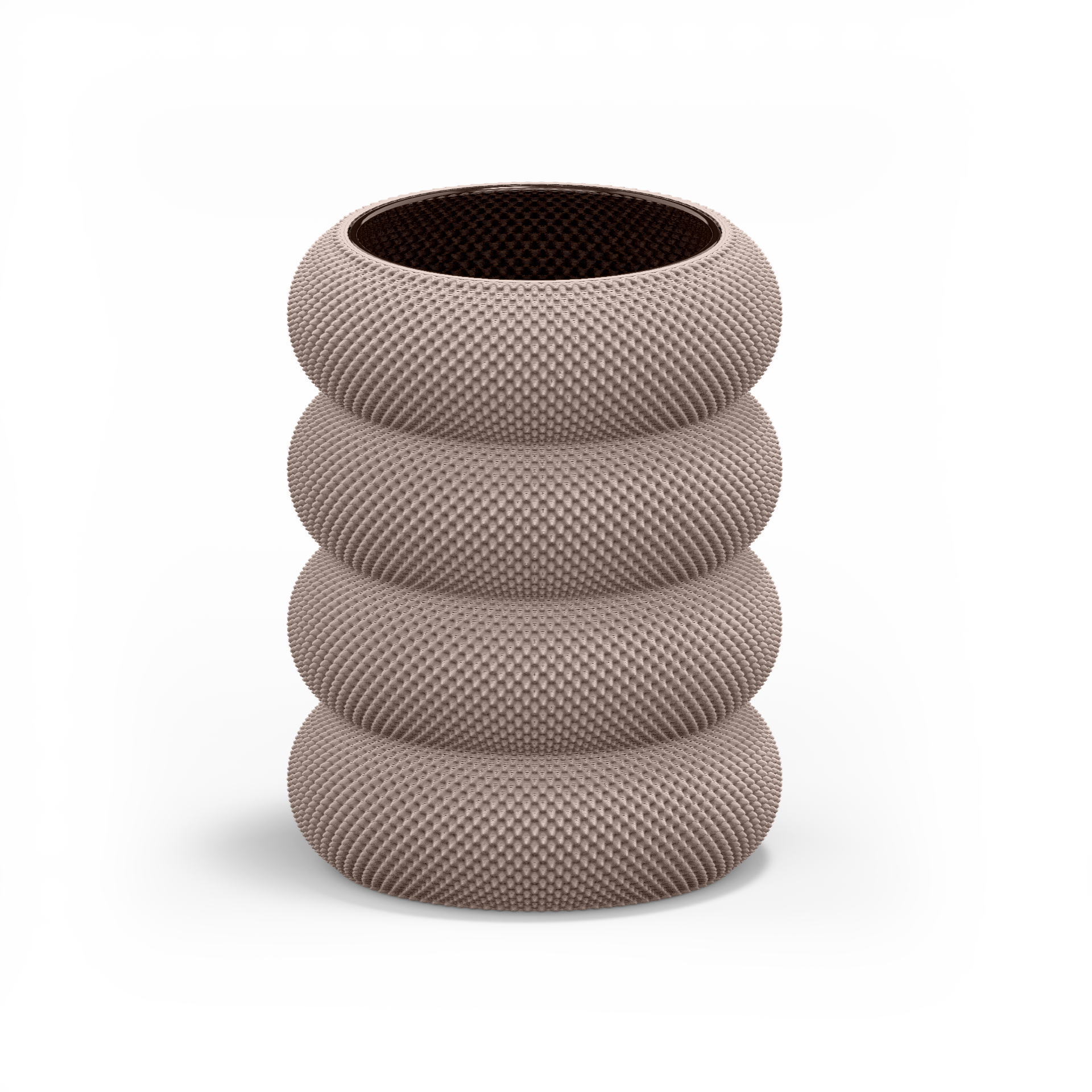 The Dorn 341g 1c Vase by Sheyn is a tall, cylindrical piece with a textured, braided pattern composed of four stacked, rounded sections. Its featured in light brown against a plain white background.
