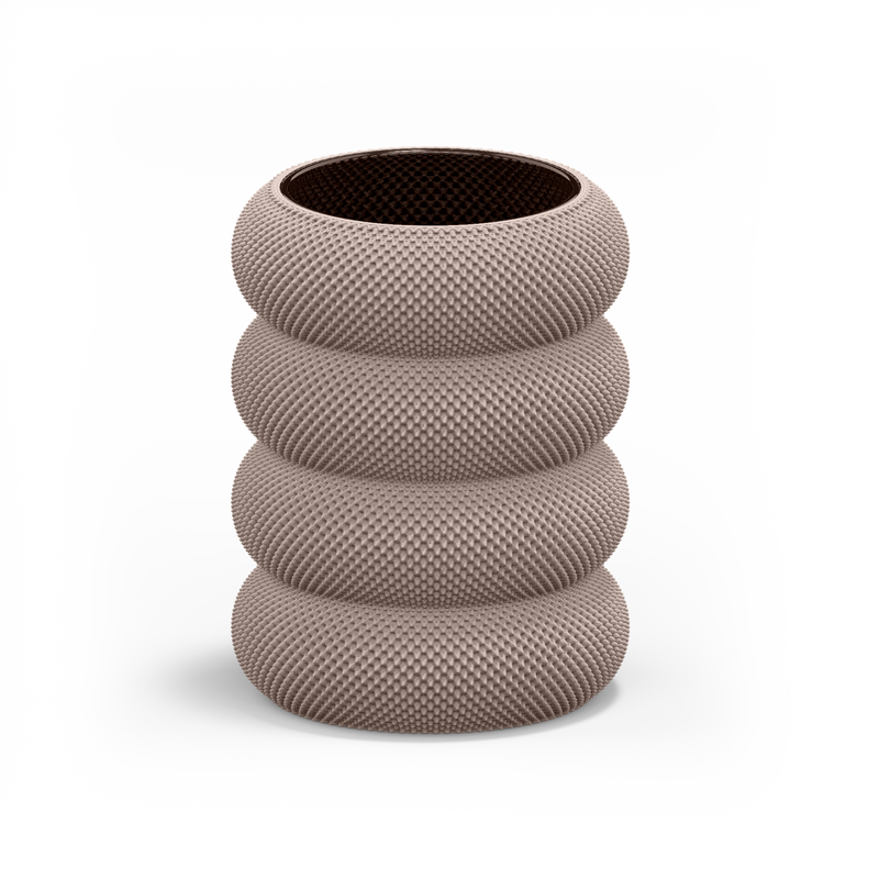 The Dorn 341g 1c Vase by Sheyn is a tall, cylindrical piece with a textured, braided pattern composed of four stacked, rounded sections. Its featured in light brown against a plain white background.