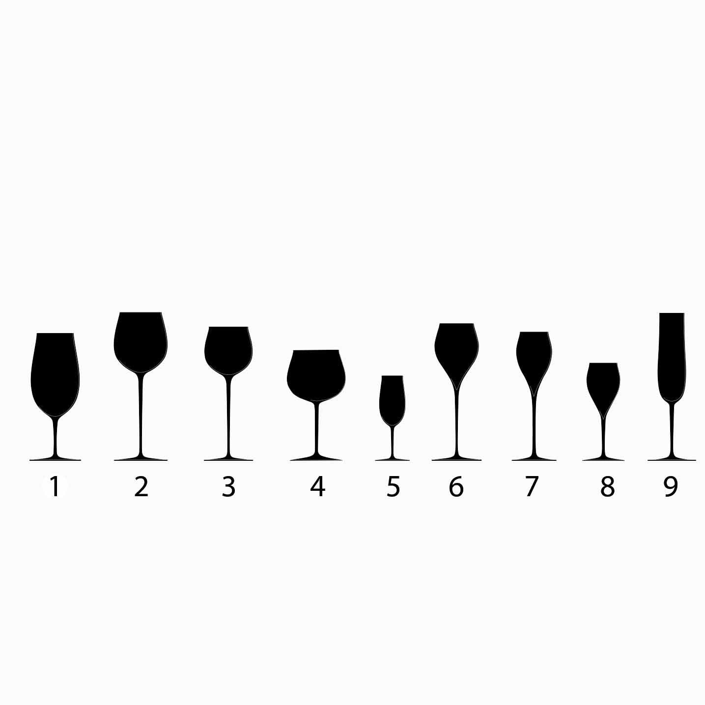 The Drinking Set No. 276 - Ballerina by Lobmeyr features nine uniquely shaped mouth-blown lead-free crystal wine glasses, elegantly lined up and numbered 1 to 9 against a plain white background, showcasing their varying shapes and sizes.