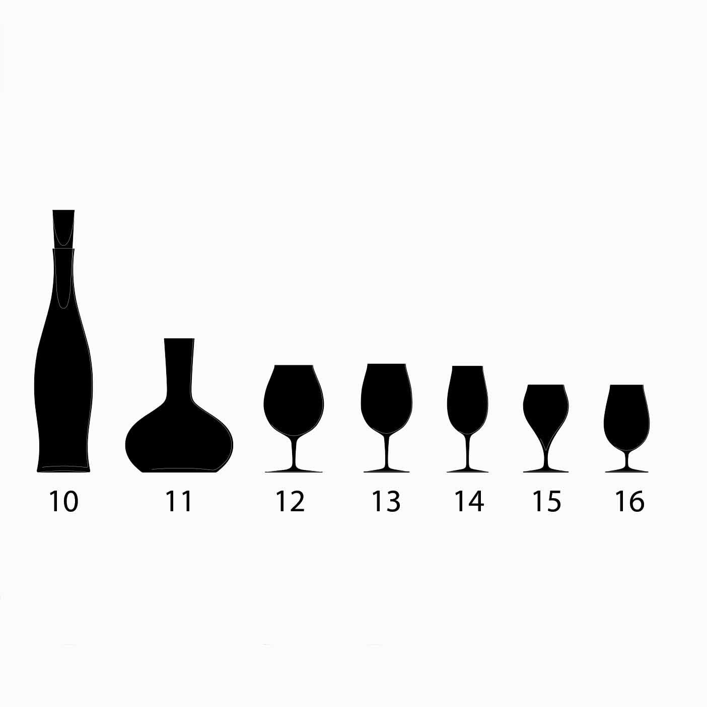 The Lobmeyr Drinking Set No. 276 - Ballerina features a silhouette of mouth-blown, lead-free crystal pieces labeled 10 to 16: a tall bottle, wide decanter, and five wine glasses of varying heights arranged in descending order.