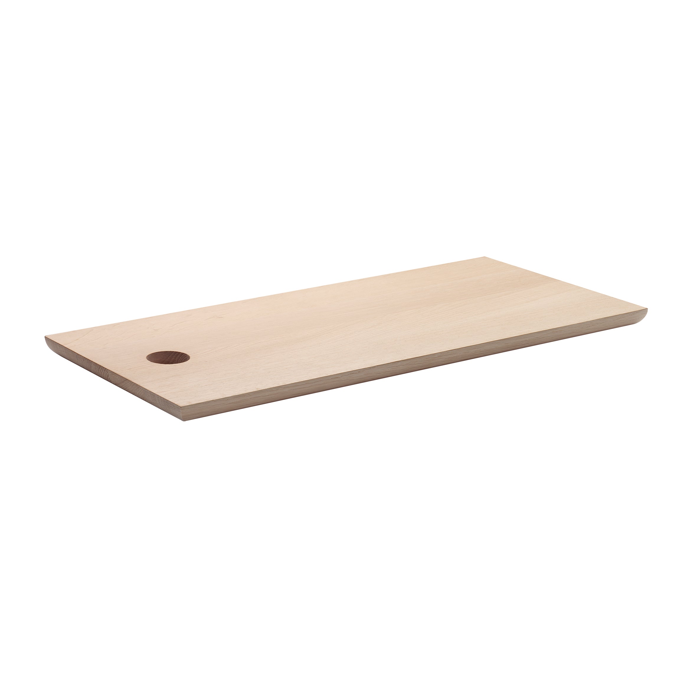 The AC07 CUT by E15 is a rectangular cutting board made from untreated oak, featuring a smooth, light surface with a small round hole in one corner, displayed on a white background.