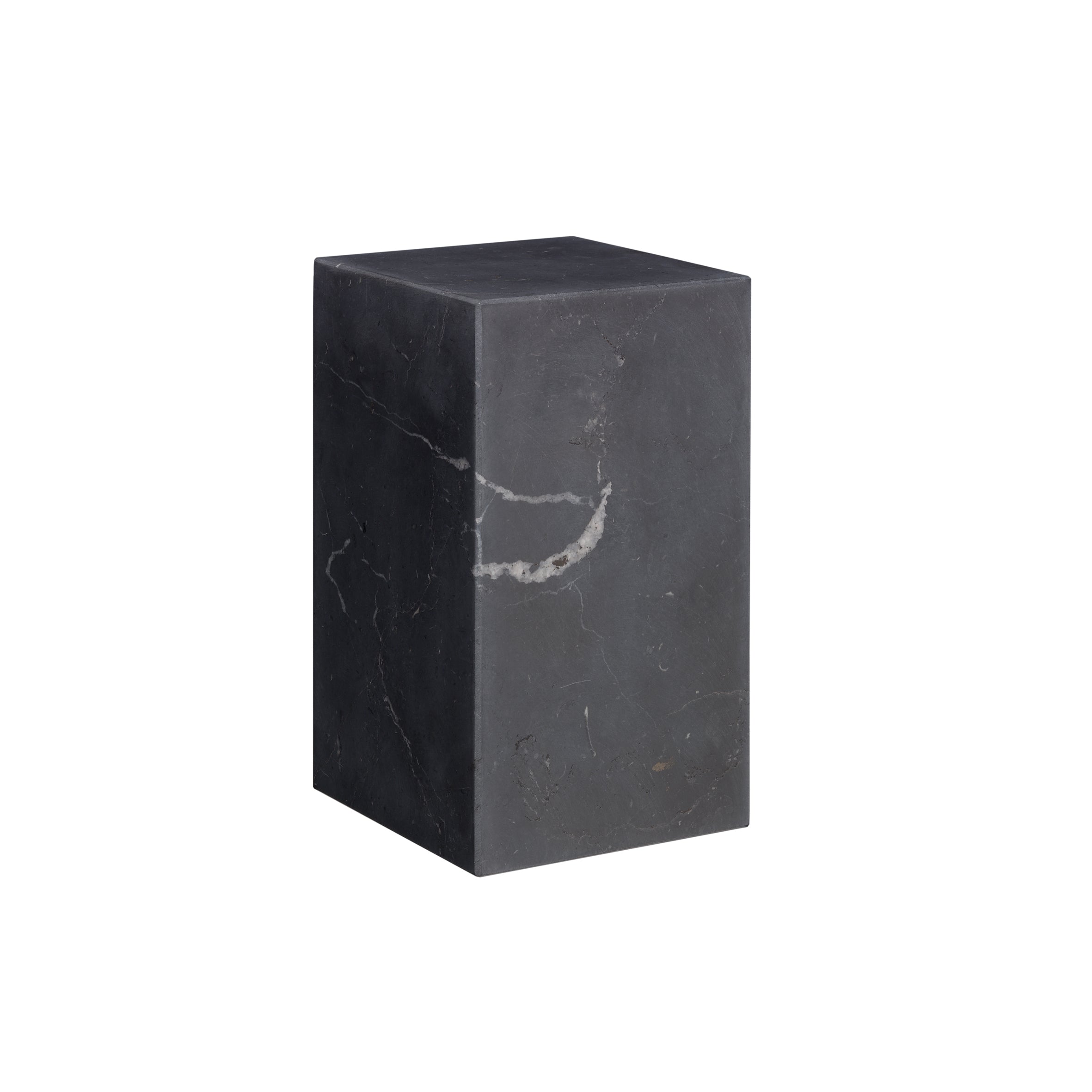 The AC11 STOP by E15 is a smooth, upright black marble block with subtle white veining, resembling a Philipp Mainzer design, against a plain white background.