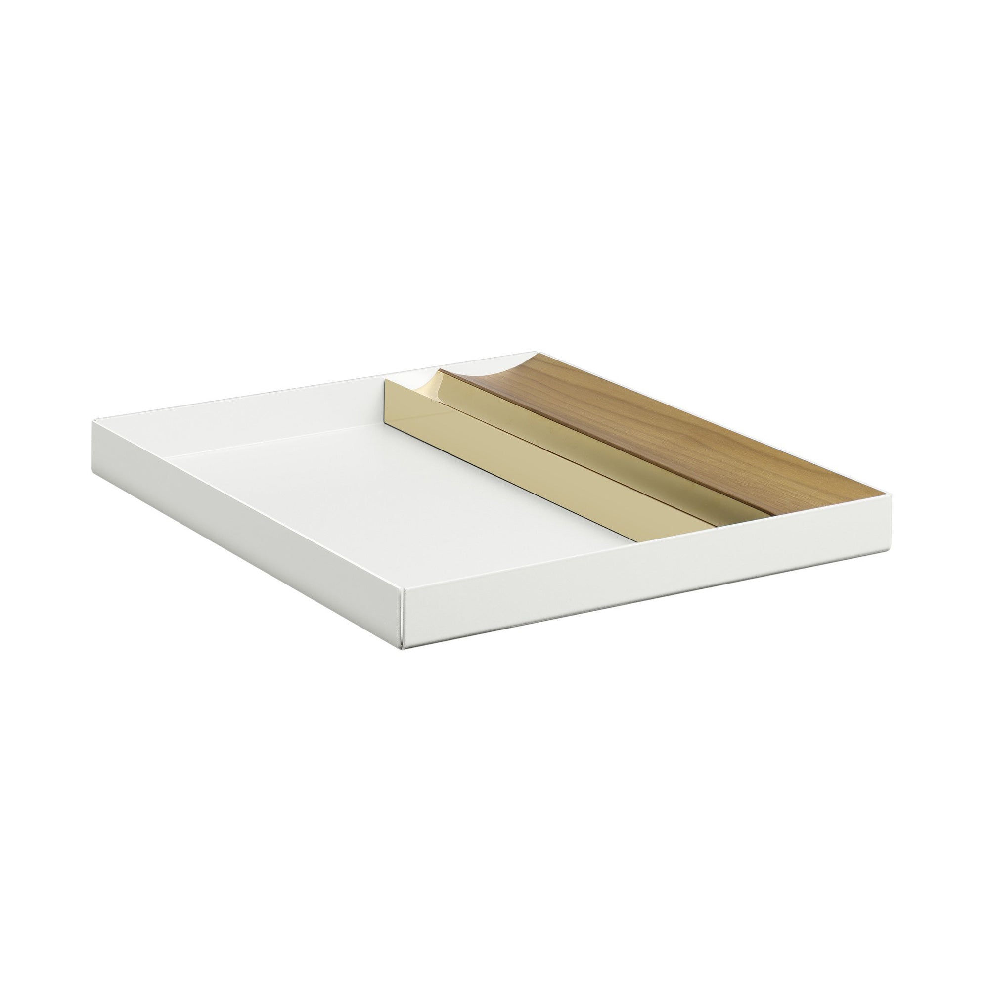The E15 AC12 PEN is a modern, minimalist rectangular white tray with a European oak and polished brass section on one edge, ideal for organizing stationery or accessories.