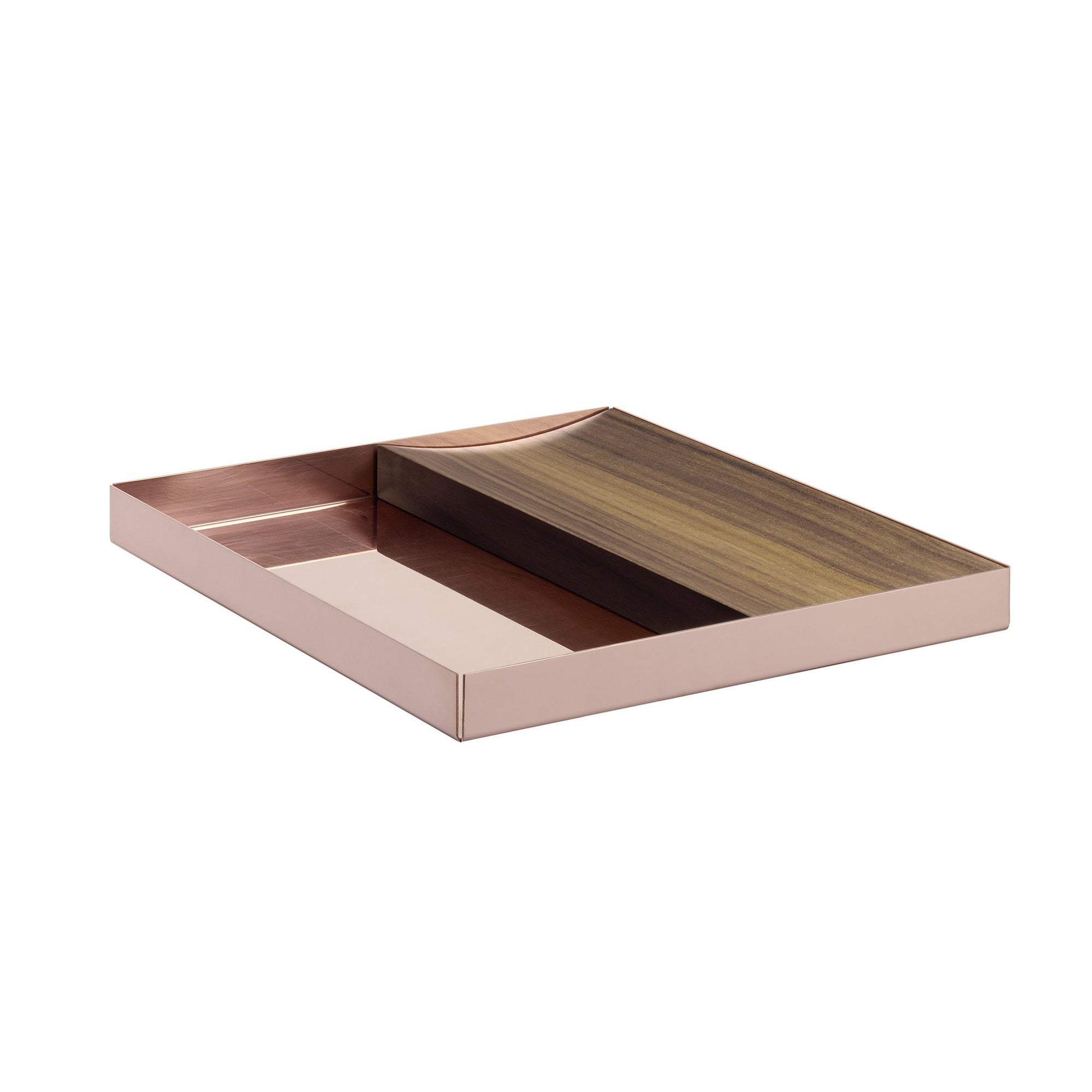 The AC12 PEN by E15 is a rectangular, minimalist tray with a multi-textured bottom featuring polished brass, wood, and matte finishes. Its soft pink sides offer a sleek, modern look ideal for organizing stationery items in style.
