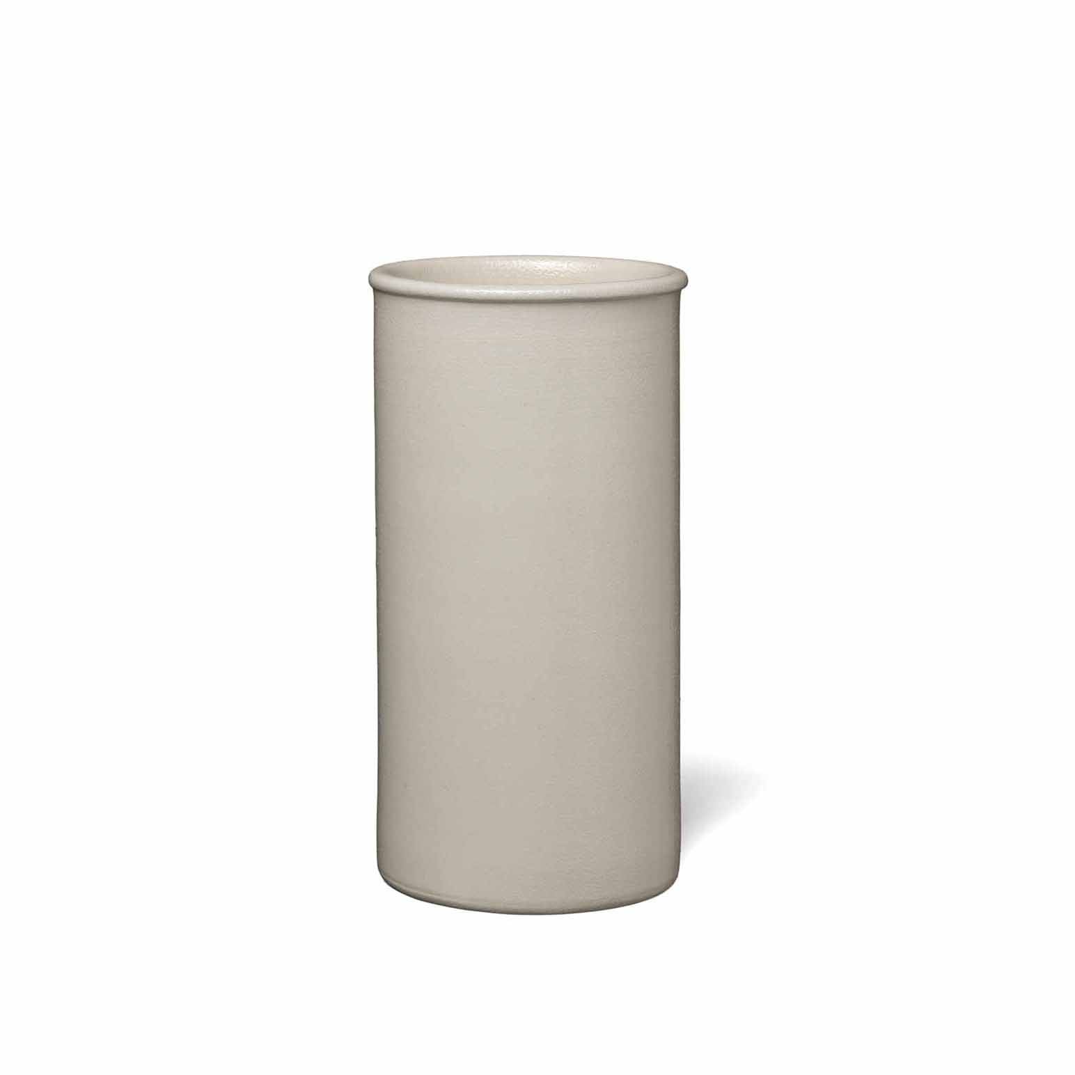 The AC19 SALINA by E15 is a tall, cylindrical gray ceramic vase with a smooth surface and slightly raised rim, embodying modern design in handmade pottery, elegantly displayed against a white background.