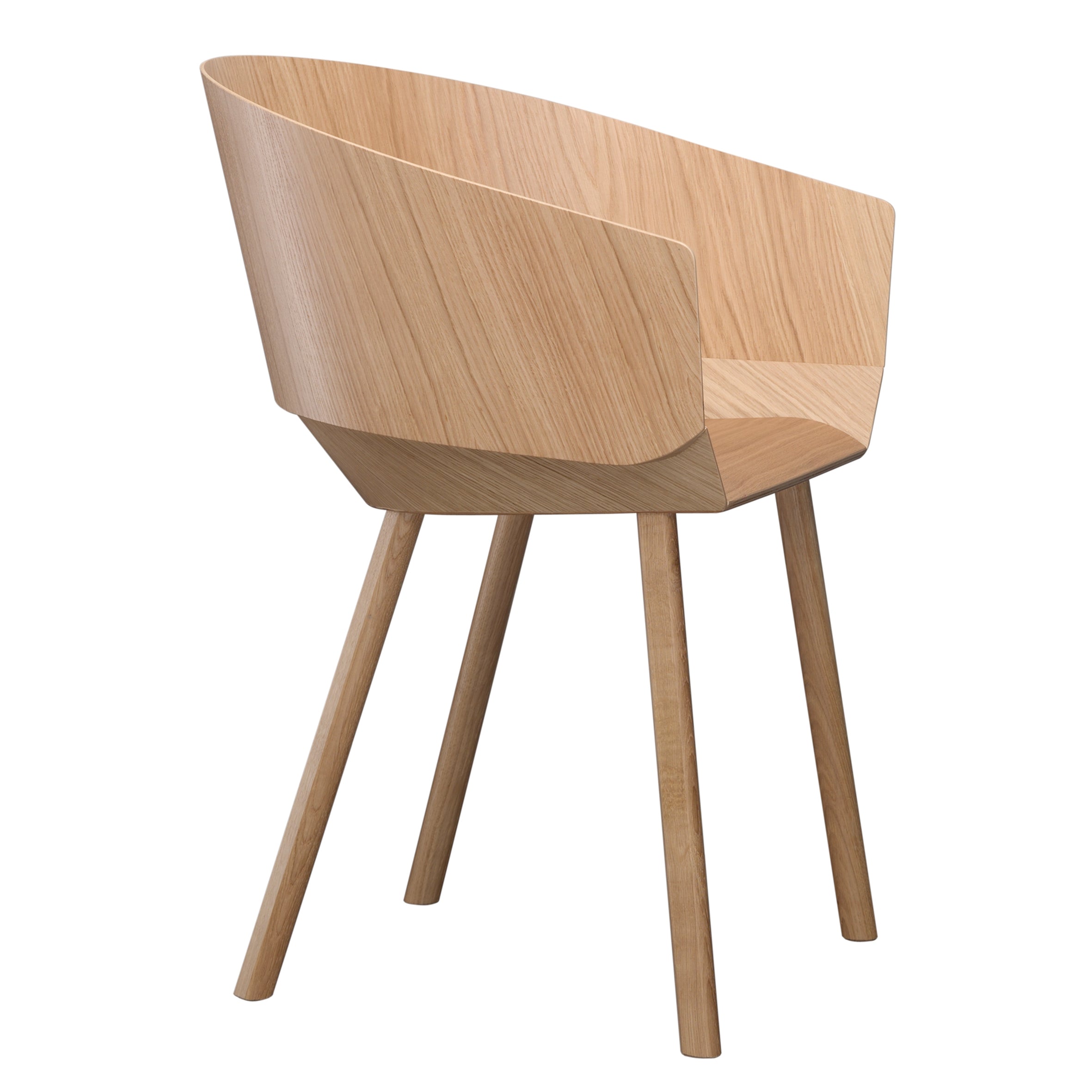 E15s CH04 HOUDINI Armchair by Stefan Diez showcases a modern design with a curved backrest and four-legged wooden frame crafted from lacquered plywood, featuring a smooth, natural finish that epitomizes minimalist contemporary aesthetics.