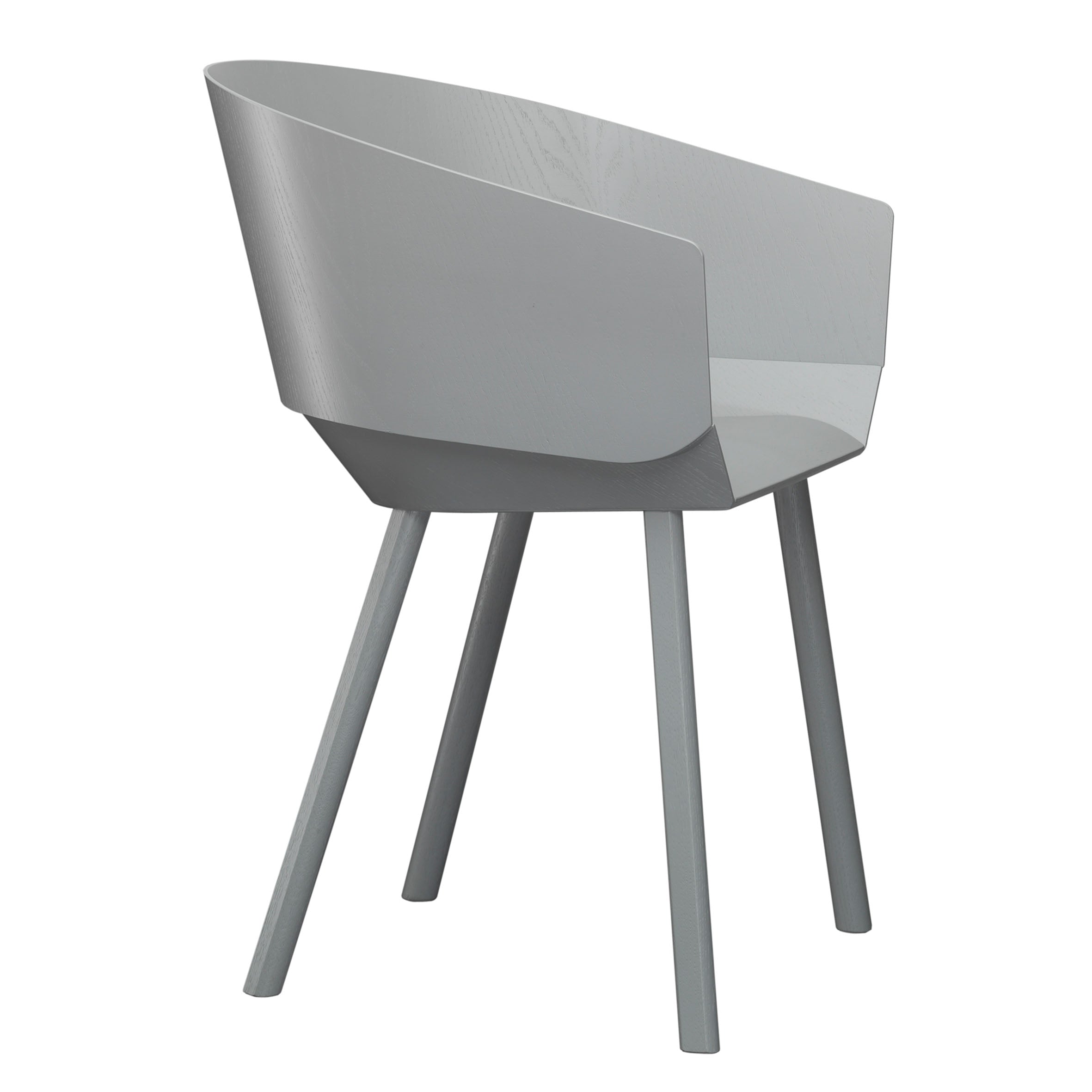 The CH04 HOUDINI Armchair by E15 is a modern, minimalist gray lacquered plywood chair with a smooth, curved seat and four angled legs. Its design mirrors Stefan Diezs style, featuring a wraparound backrest seamlessly integrating into the armrests for a chic look.