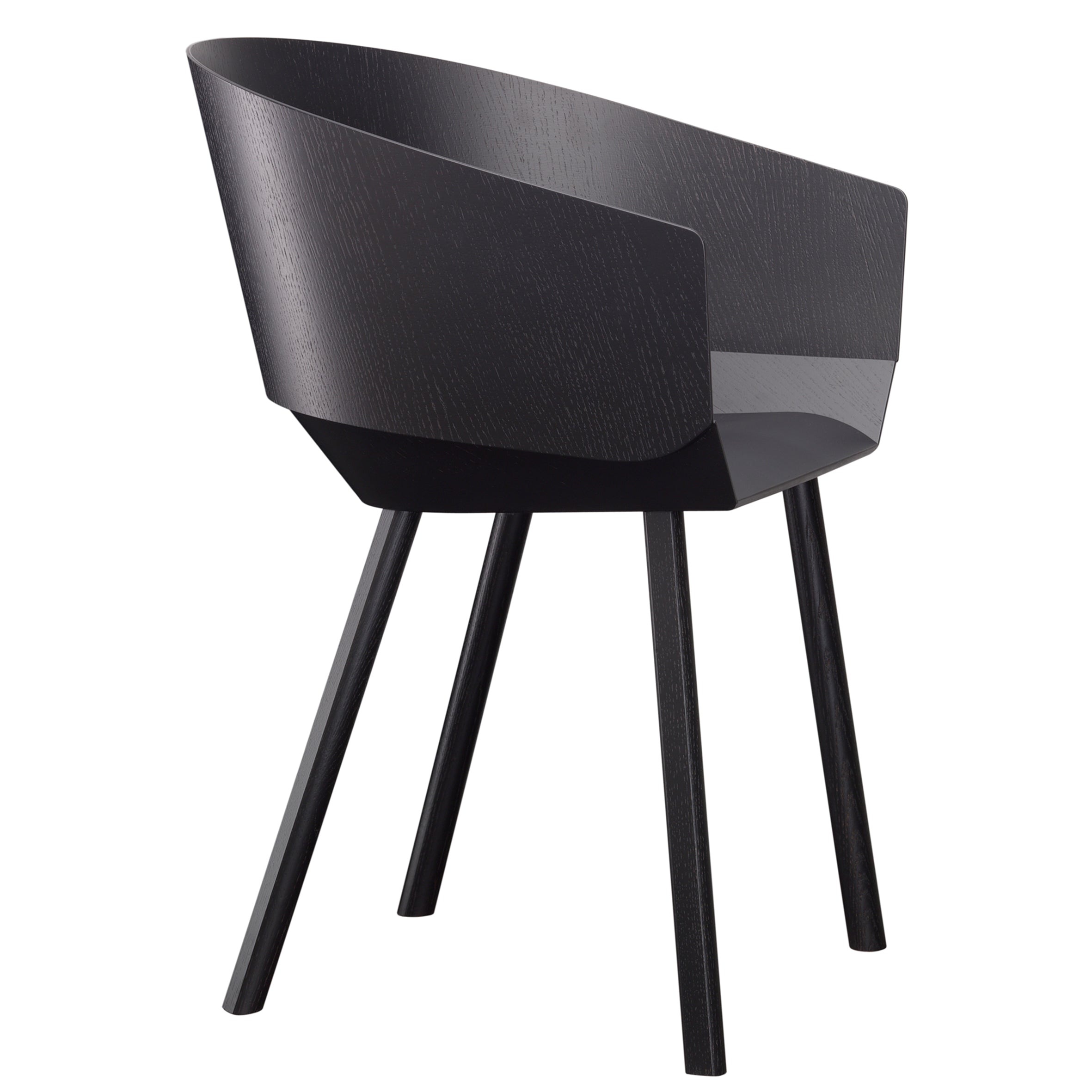 The CH04 HOUDINI Armchair by E15 is a modern piece crafted from black lacquered plywood, featuring a curved backrest and four angled legs. Its minimalist design with clean lines highlights an elegantly sleek silhouette.