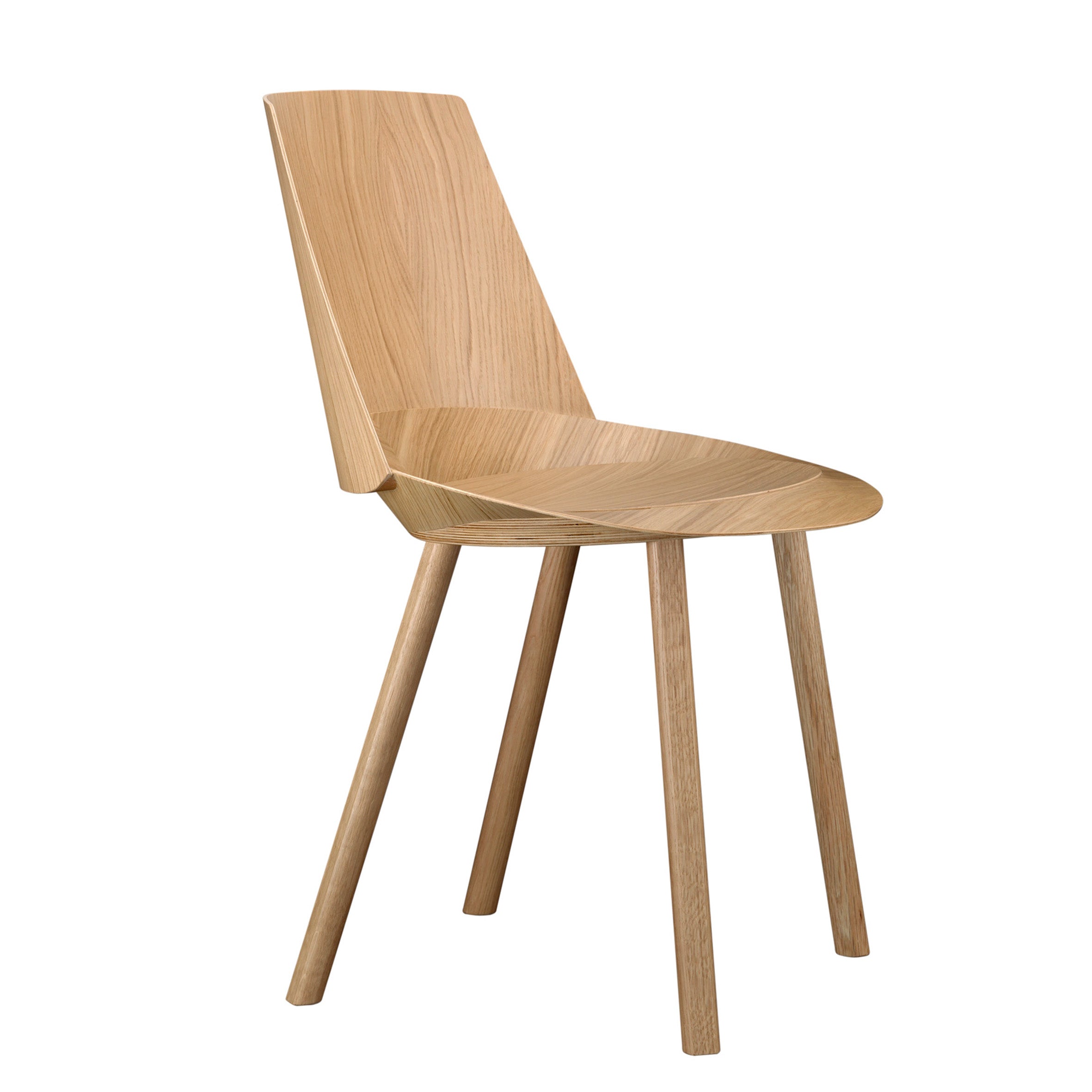 Introducing the CH04 HOUDINI chair by E15, a modern piece crafted from oak-veneered plywood. It features a minimalist design with a smooth, curved backrest and seat atop four tapered legs, showcasing visible wood grain for natural elegance.