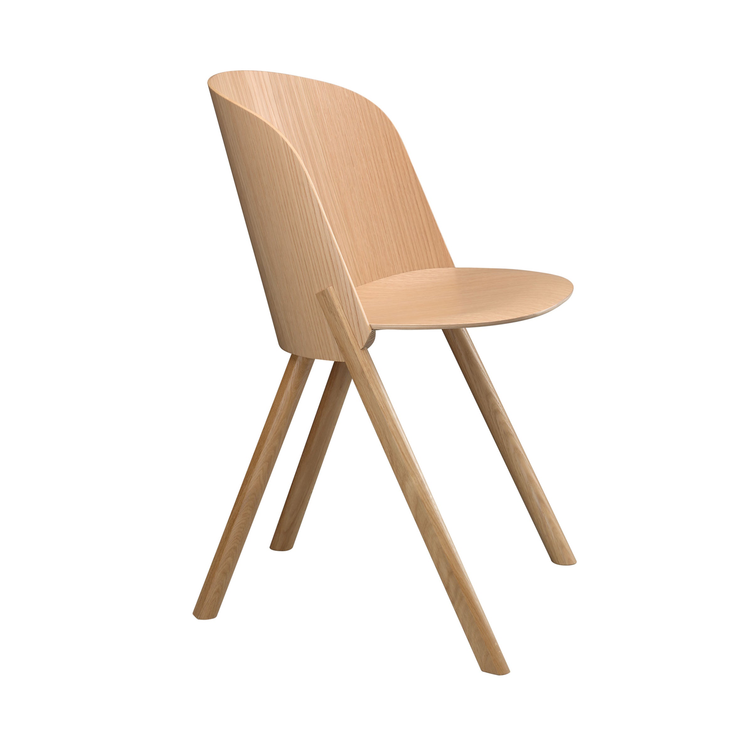 The E15 CH05 THIS Side Chair is a modern, minimalist wooden chair made from oak veneer plywood with a curved backrest and four angled legs. Part of the seating series, its light-colored wood seat and back provide a sleek, contemporary design.