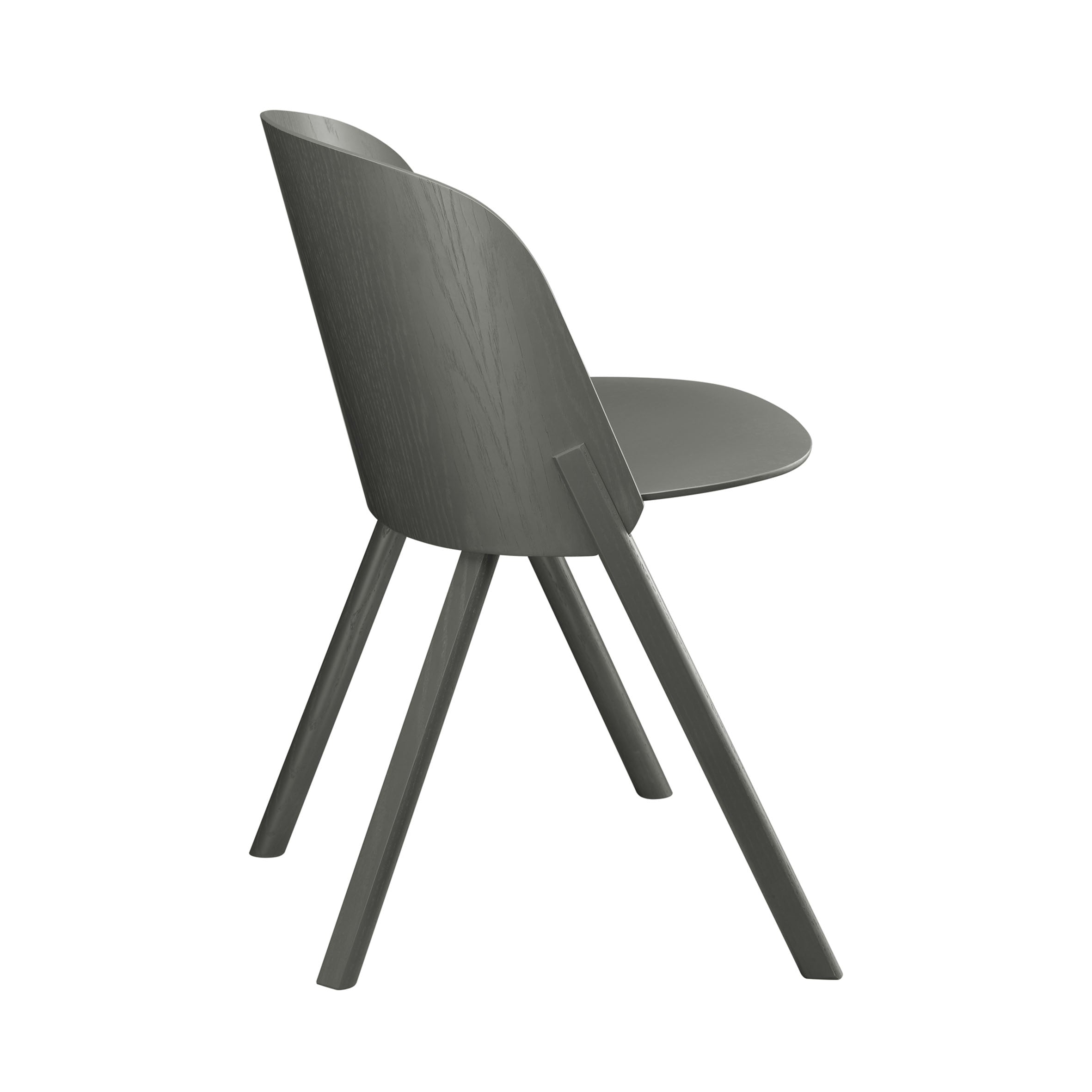 Introducing the CH05 THIS Side Chair from E15: a modern, minimalist piece crafted with oak veneer plywood. It showcases a smooth, curved backrest and seat in a sleek gray finish, with four angled legs for sturdy support, highlighting its elegant back and side profile.