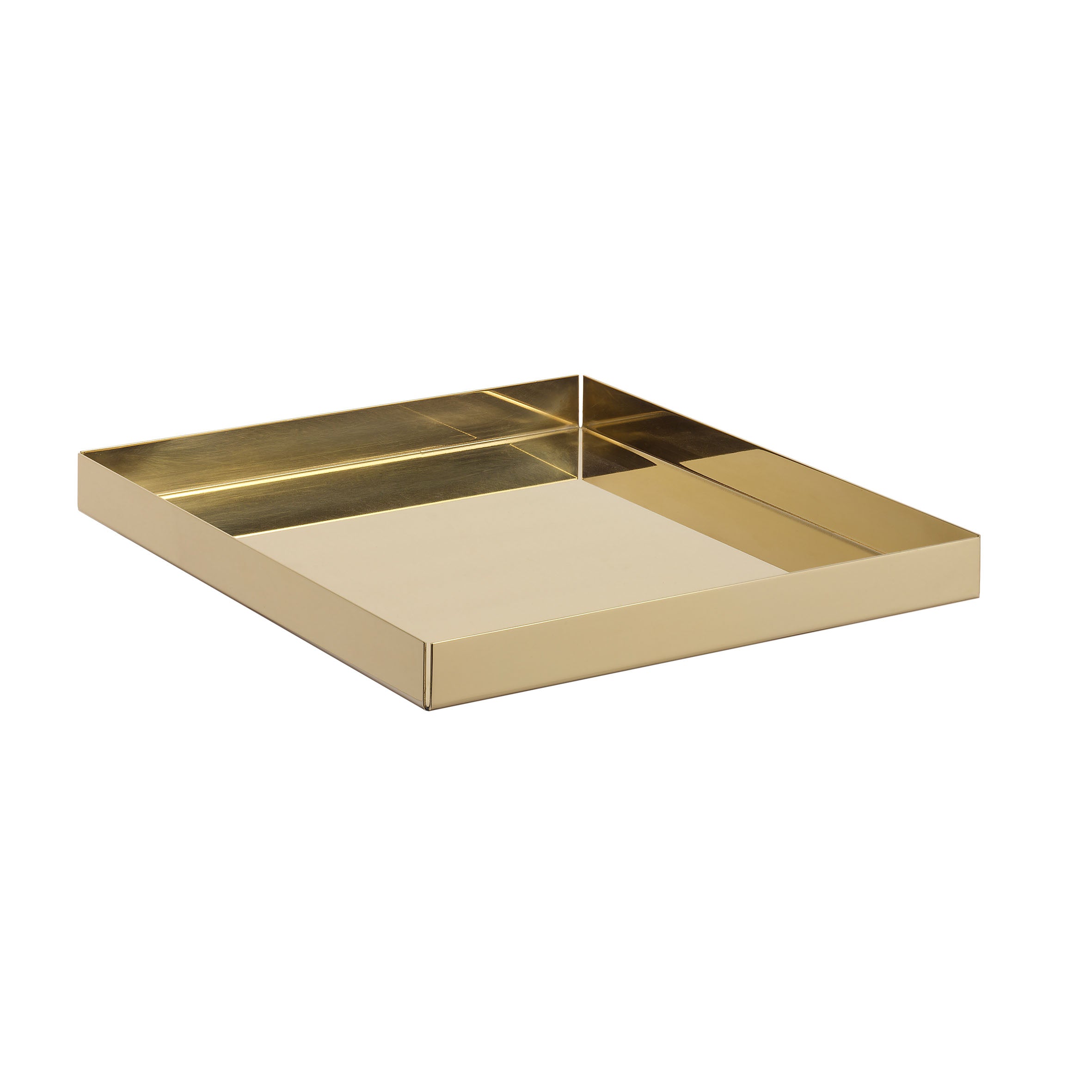 The E15 CM04 ITO is a stainless steel square tray featuring raised edges and a sleek, reflective surface. Its minimalistic modern design with a metallic finish shines brilliantly under light.