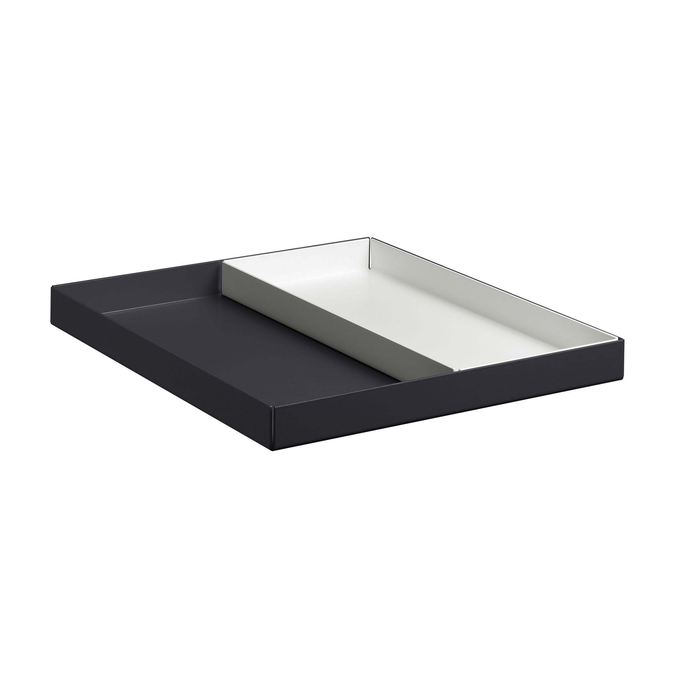 The CM04 ITO by E15 is a rectangular, dual-compartment tray made from powder-coated aluminum with sleek black and white sections on a plain white background.