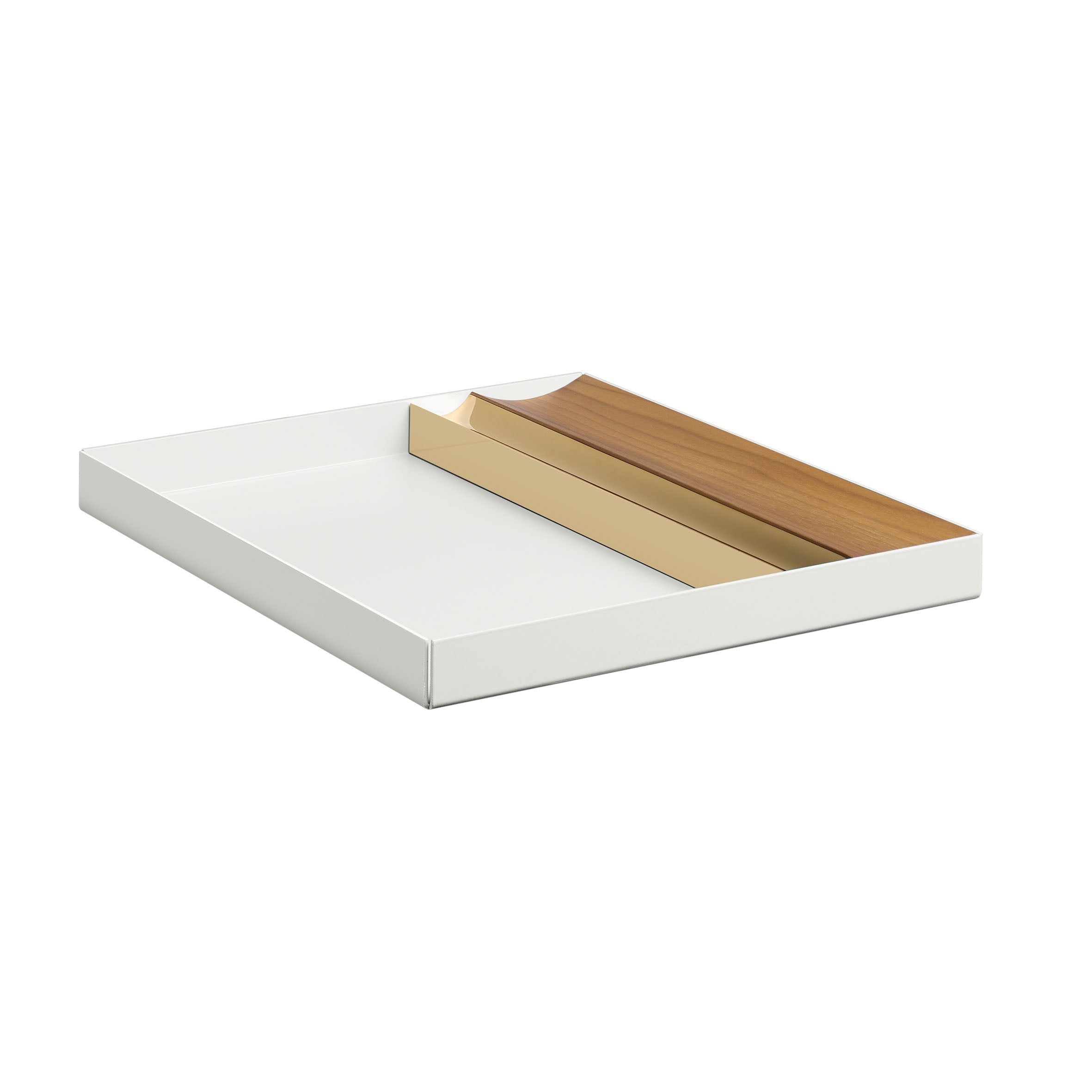 E15s CM04 ITO is a minimalist, rectangular desk organizer with a white base and divided sections made from powder-coated aluminum. It features sleek gold-toned and wood-accented compartments ideal for storing pens or small items.