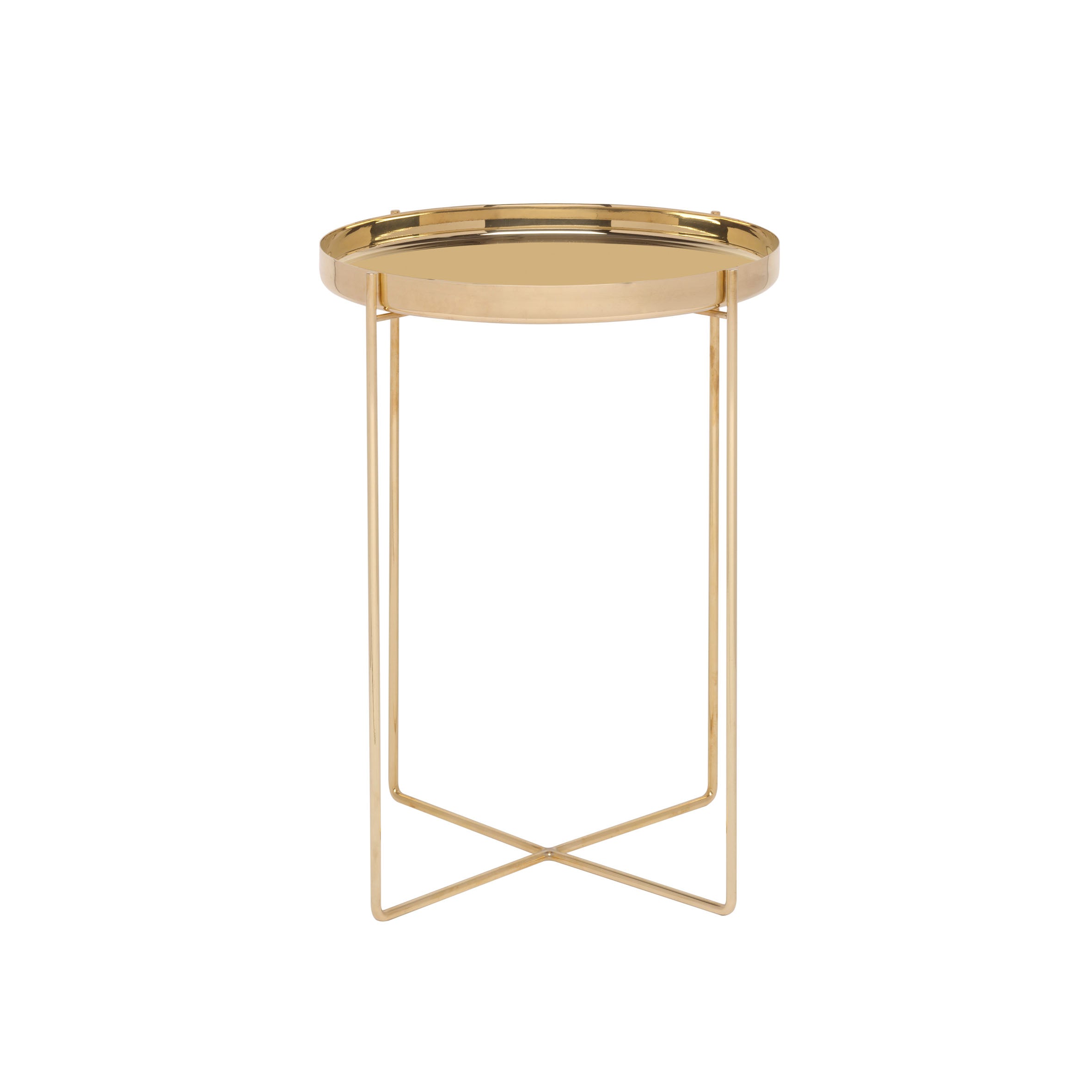 The E15 CM05 HABIBI is a distinct, handmade side table with a polished brass finish and thin frame. Its round tabletop, featuring a raised edge and X-shaped base, enhances its tray-like look and adds elegance to any room.