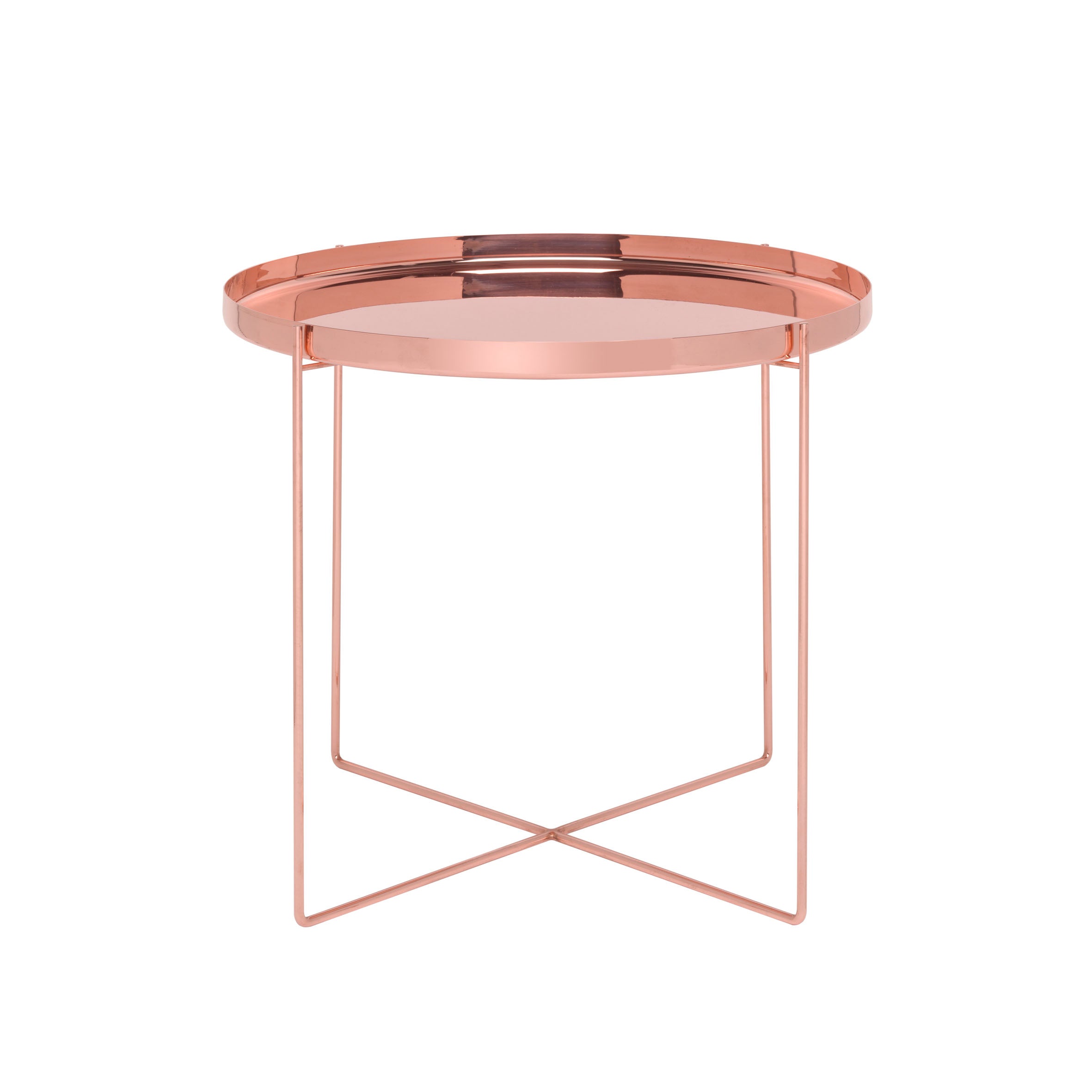 The CM05 HABIBI by E15 is a round, handcrafted rose gold tray side table featuring a mirrored top with a minimalist metal frame and an X-shape base for unique appeal.
