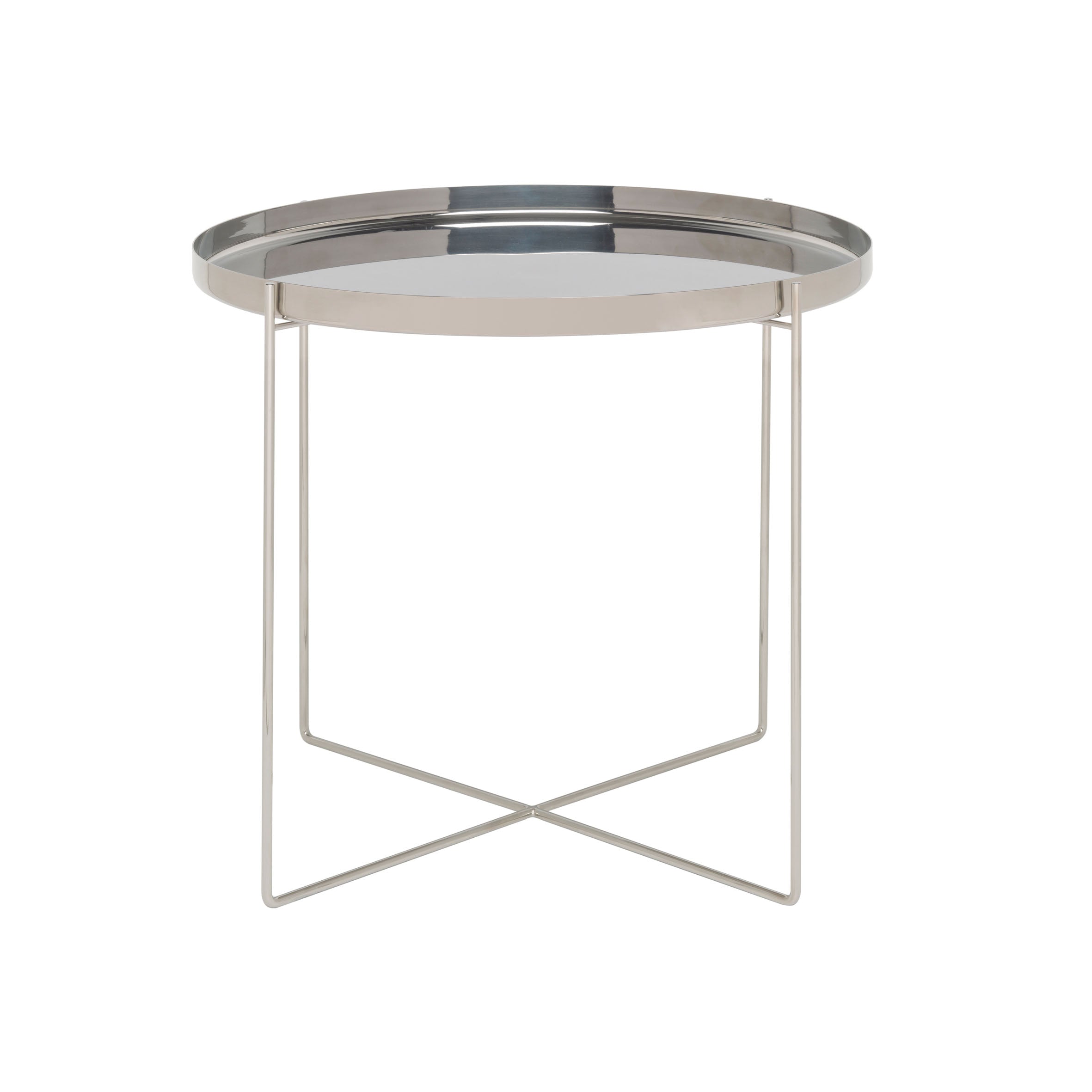The handmade CM05 HABIBI side table by E15 showcases a modern round design with a sleek, reflective surface, minimalist X-shaped legs, and a shallow raised edge. Its contemporary silver finish resembles a polished brass tray side table.