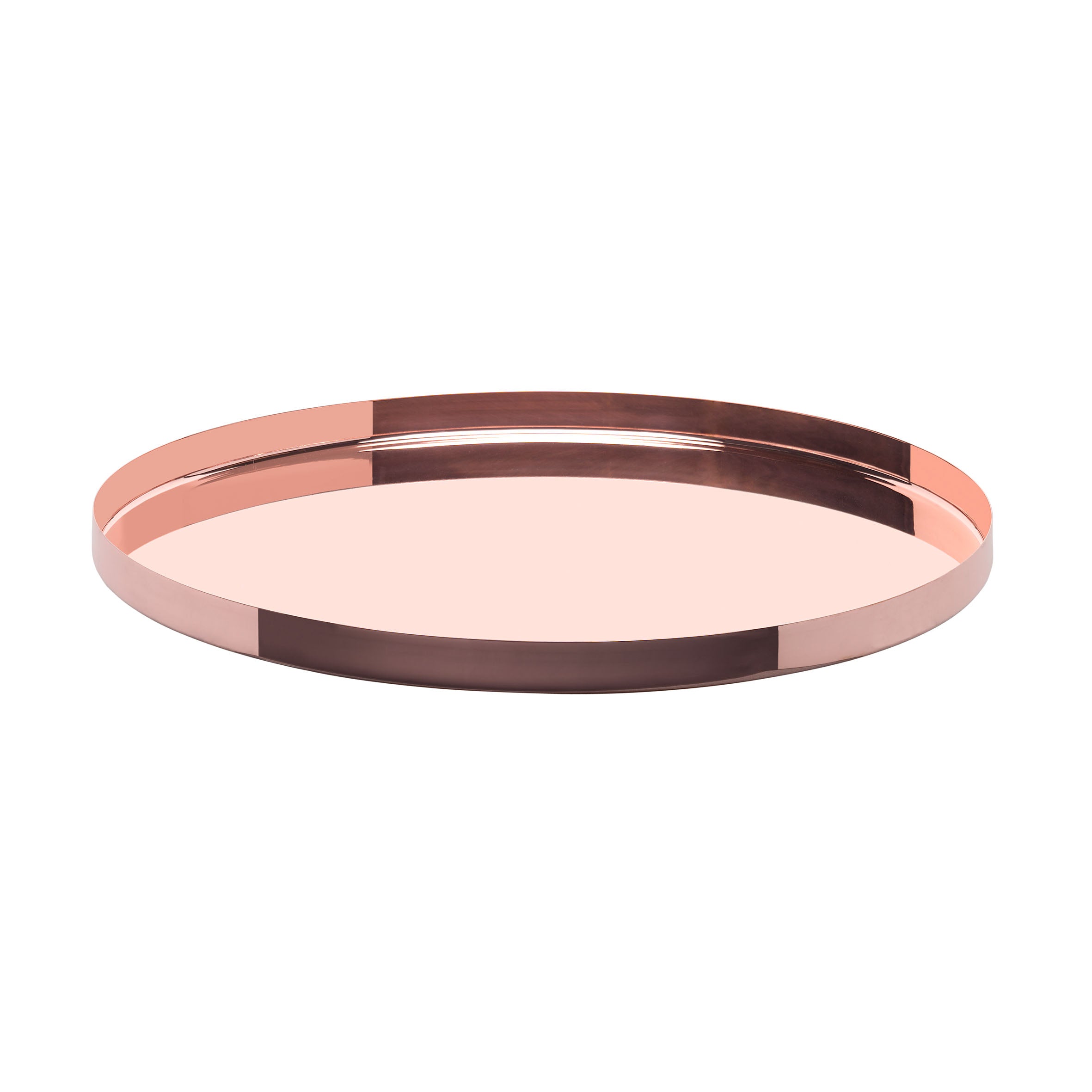 The CM05 HABIBI TRAY by E15 is a round decorative tray with a reflective rose gold finish on its surface and rim, set against a plain white background.
