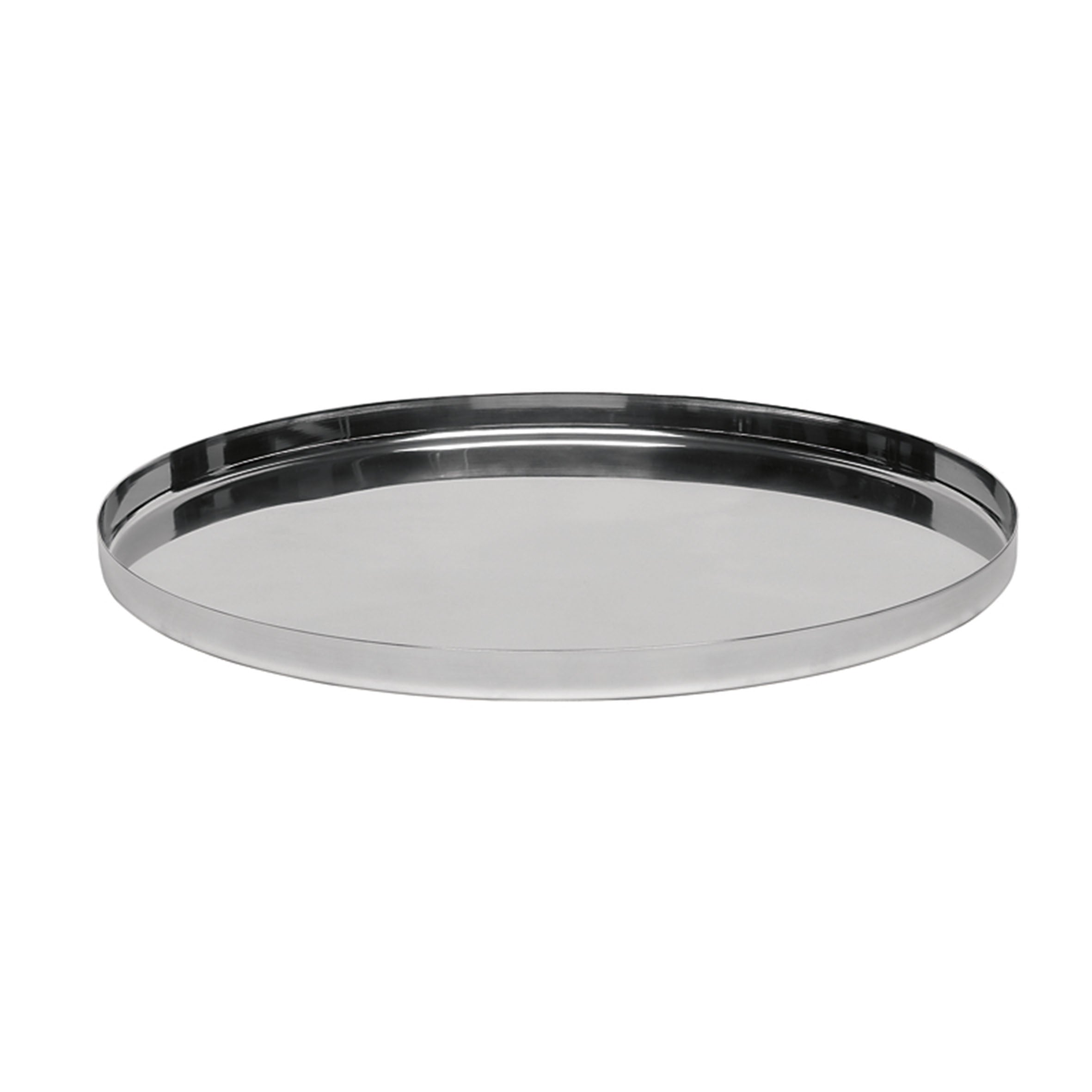 The CM05 HABIBI TRAY by E15 is a round silver ornamental piece with a reflective surface and smooth raised edge, perfect for adding elegance to any space.