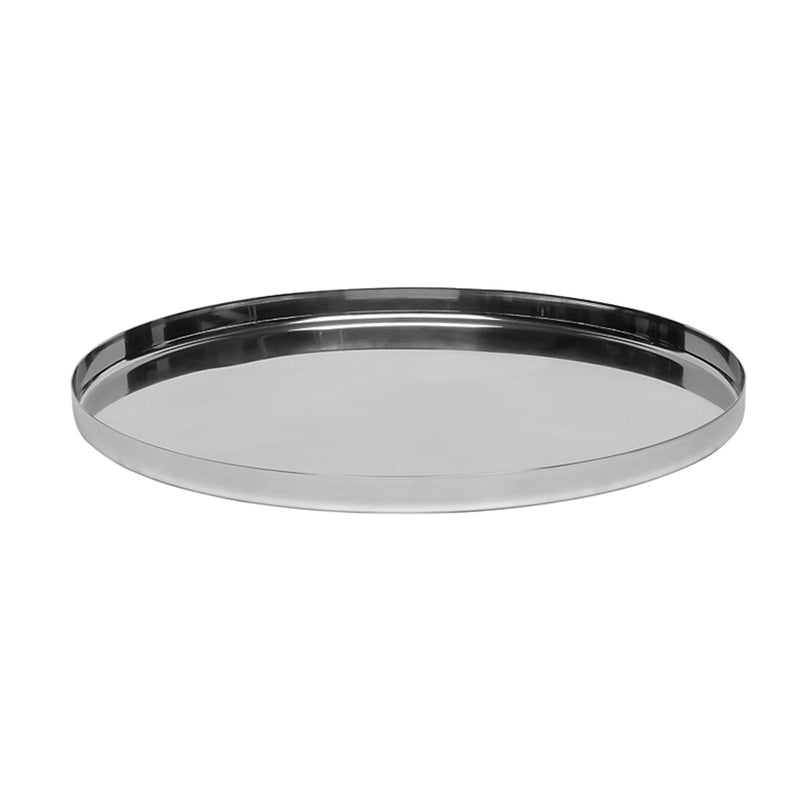 The CM05 HABIBI TRAY by E15 is a round silver ornamental piece with a reflective surface and smooth raised edge, perfect for adding elegance to any space.