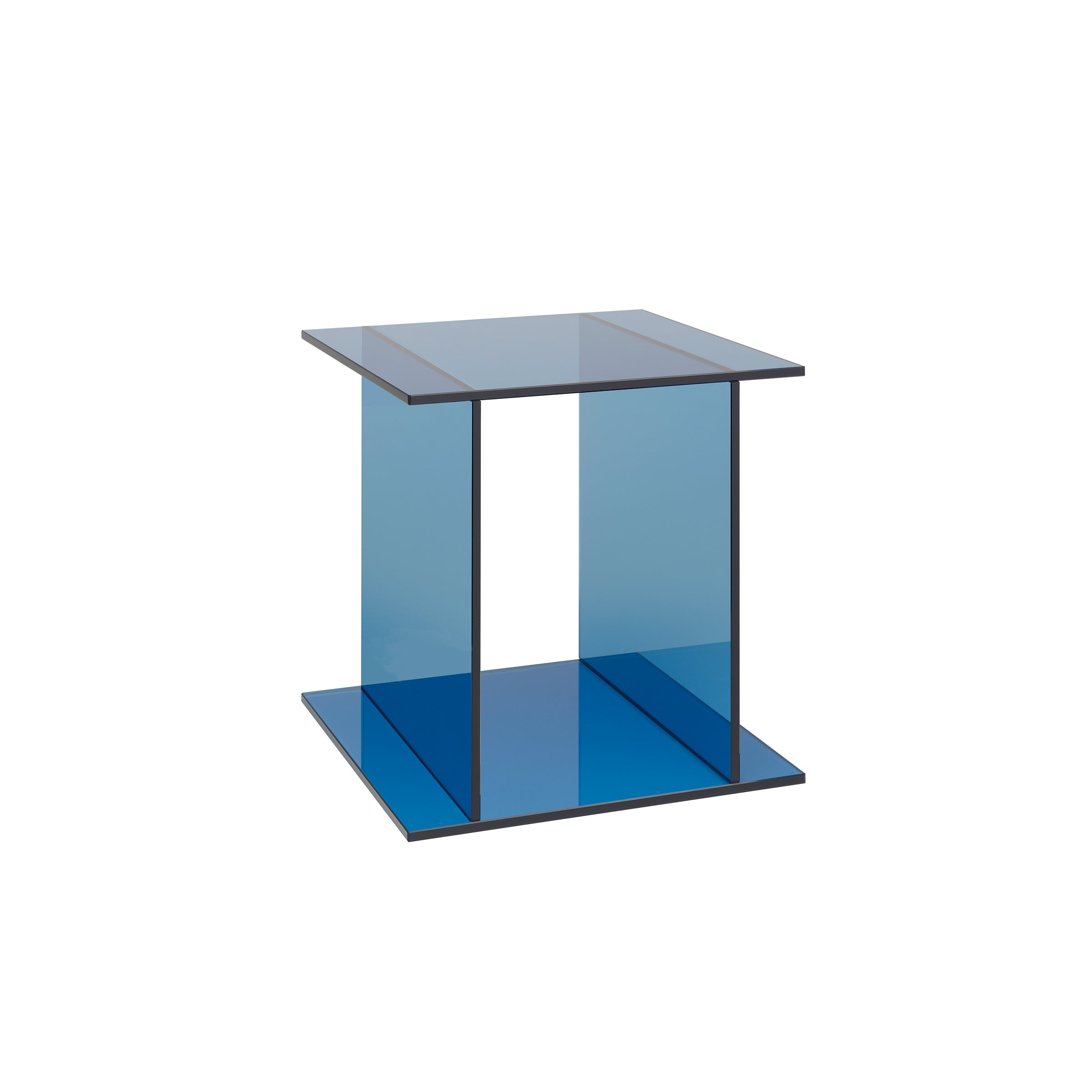 The CT07 Drei by E15 is a minimalist, cube-like side table crafted from translucent blue glass. It features a flat top and bottom supported by two opposite vertical panels, offering sleek storage while maintaining a modern aesthetic.