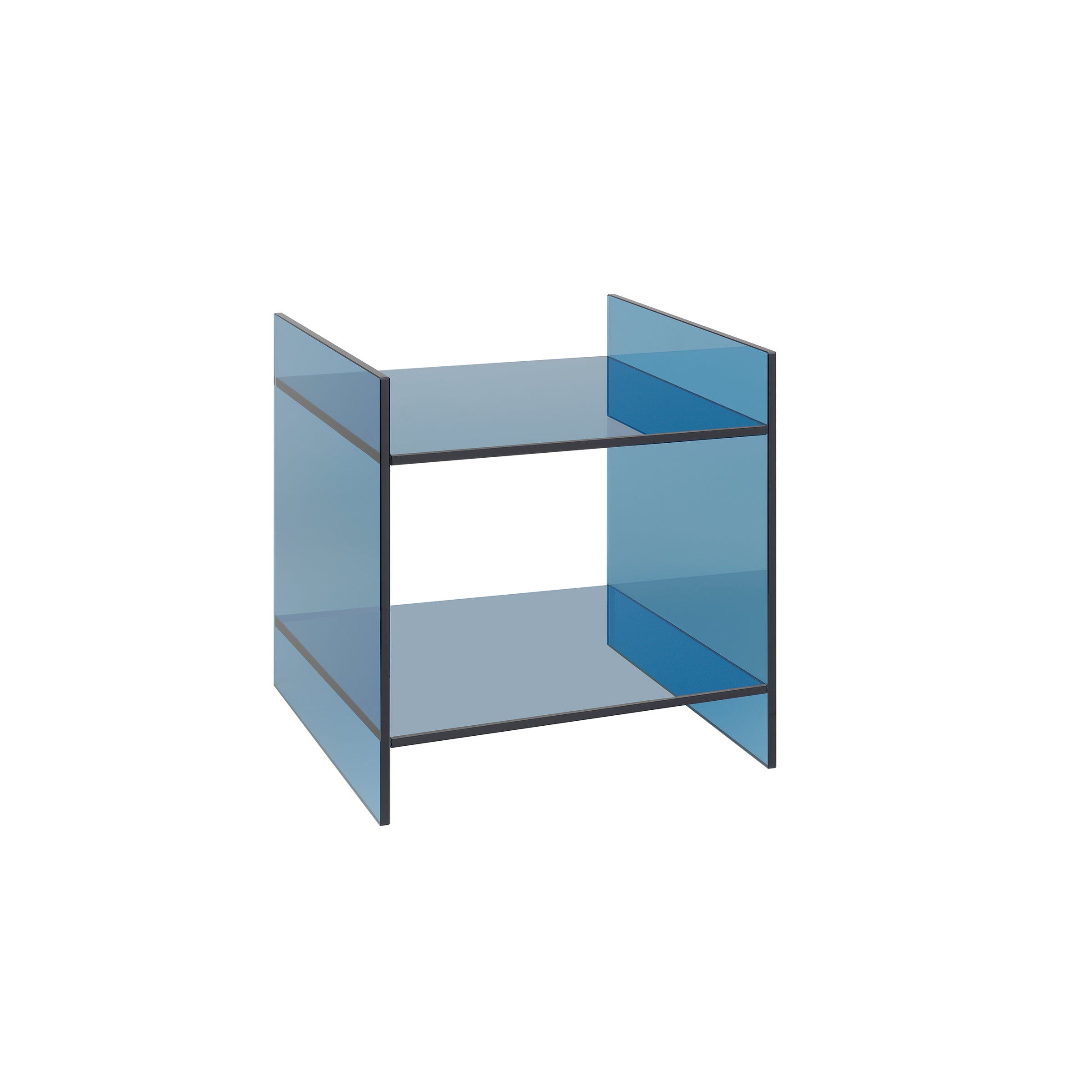 The CT07 Drei by E15 is a compact and modern transparent blue shelf featuring two levels and open sides, ideal for additional storage. Its minimalist design displays clean lines and a rectangular shape, resembling elegant side tables, all set against a plain white background.