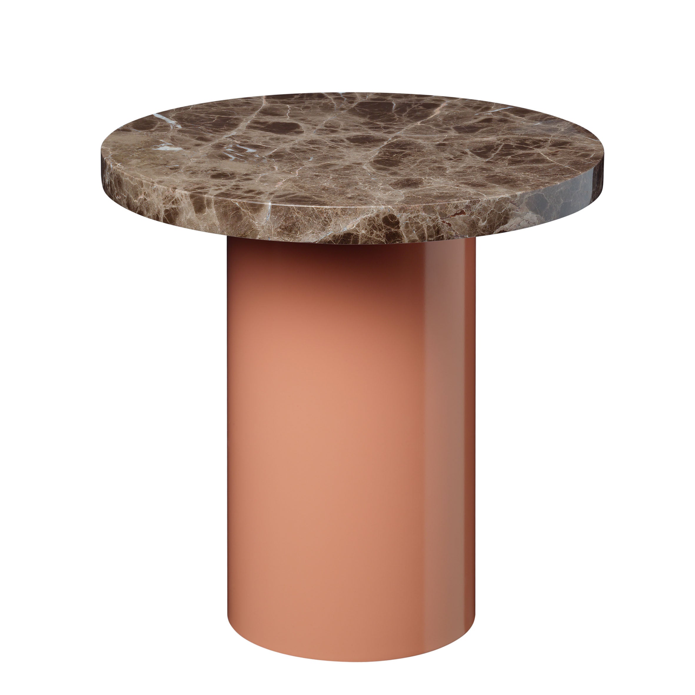 The CT09 ENOKI by E15 is a round side table with a rich marble top featuring natural patterns and lighter veins, complemented by a smooth, cylindrical matte terracotta base for added texture and elegance.