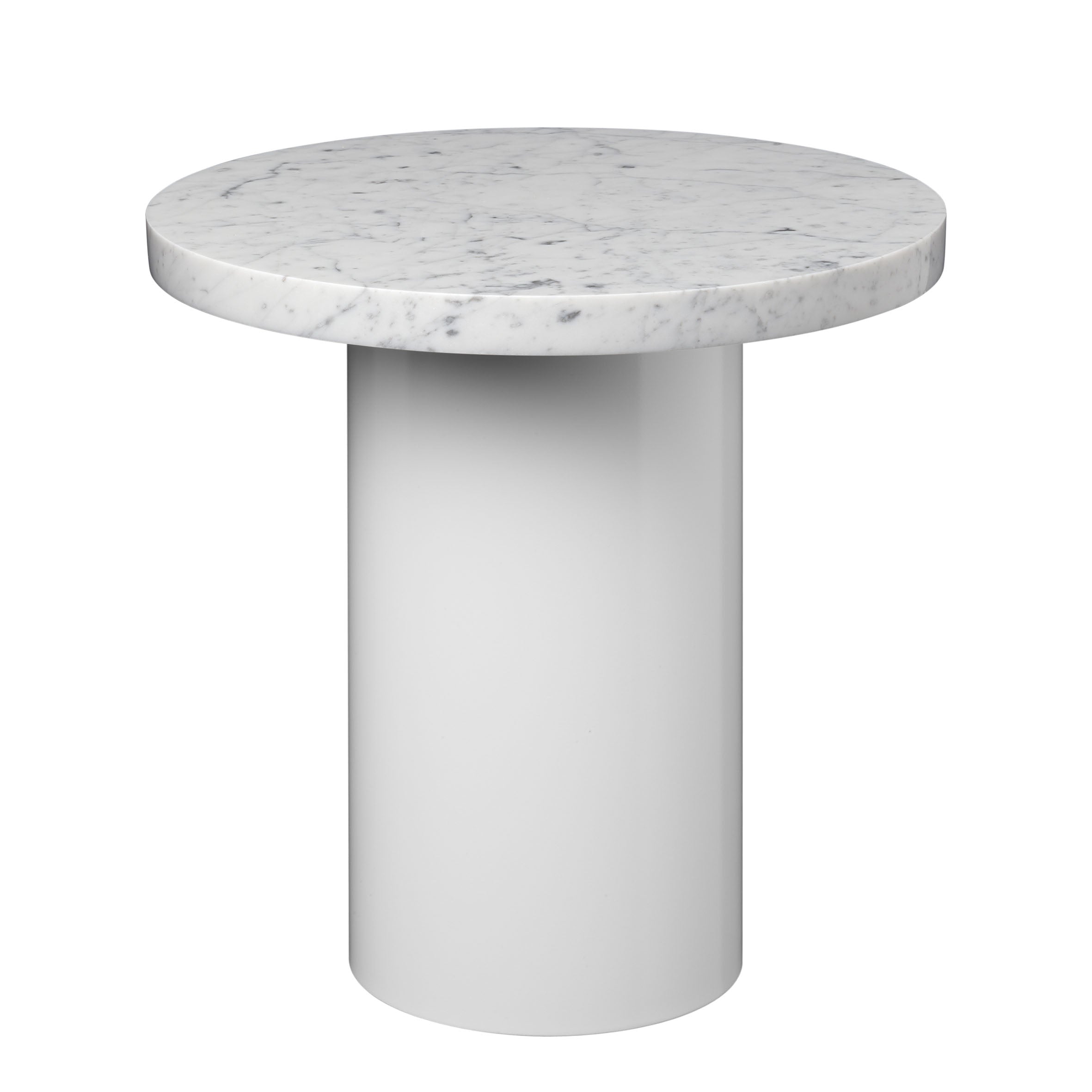 The CT09 ENOKI by E15 features a sleek, cylindrical white base topped with rich marble, offering an elegant and modern look.